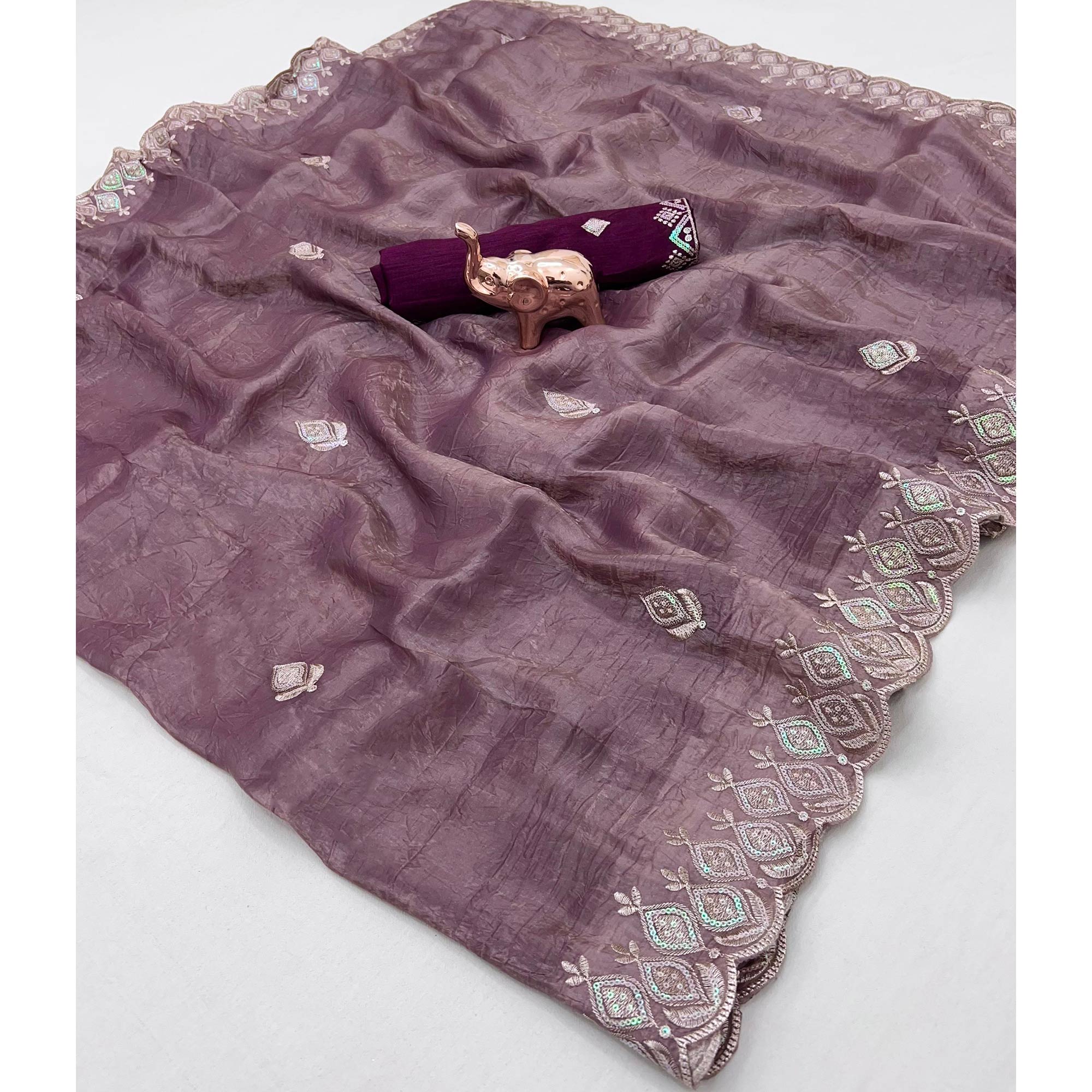 Dark Mauve Floral Sequins Embroidered Fancy Fabrics Crush Saree