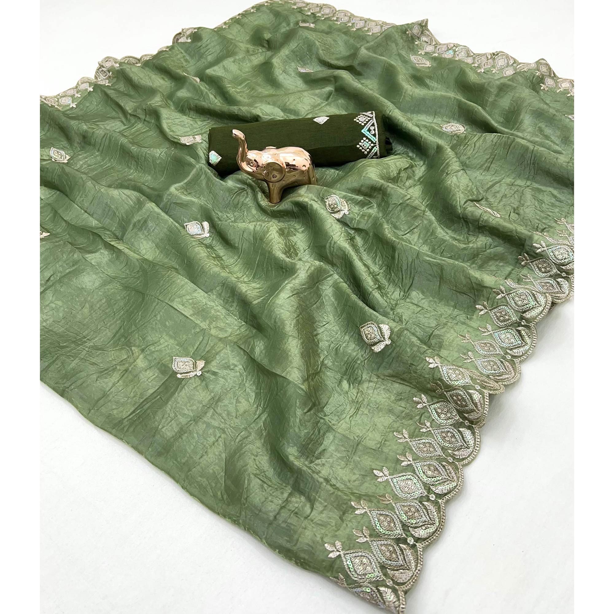 Green Floral Sequins Embroidered Fancy Fabrics Crush Saree