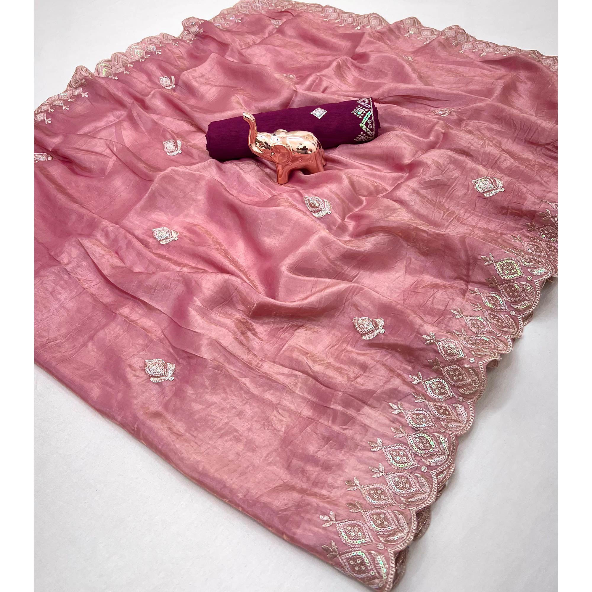 Pink Floral Sequins Embroidered Fancy Fabrics Crush Saree