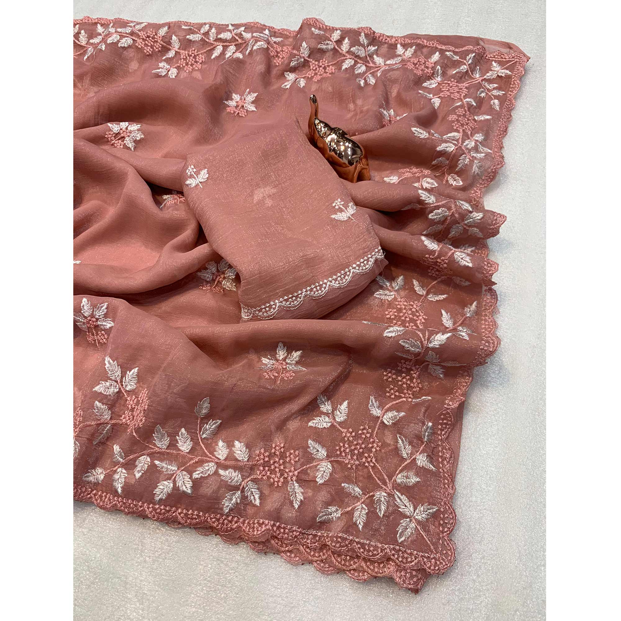 Dusty Peach Chiffon Saree Adorned With Delicate Floral Thread Embroidery