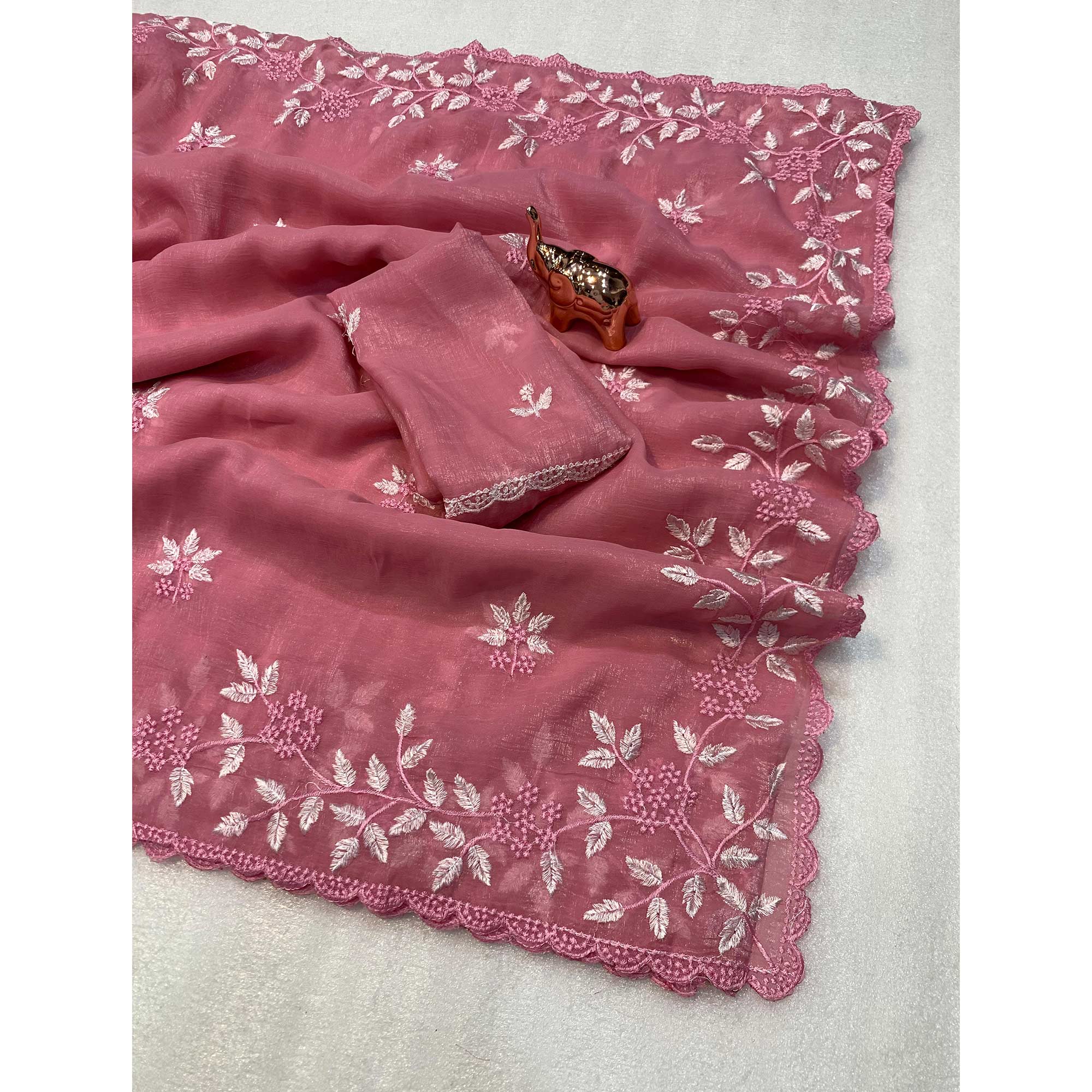 Dusty Rose Pink Chiffon Saree Adorned With Delicate Floral Thread Embroidery