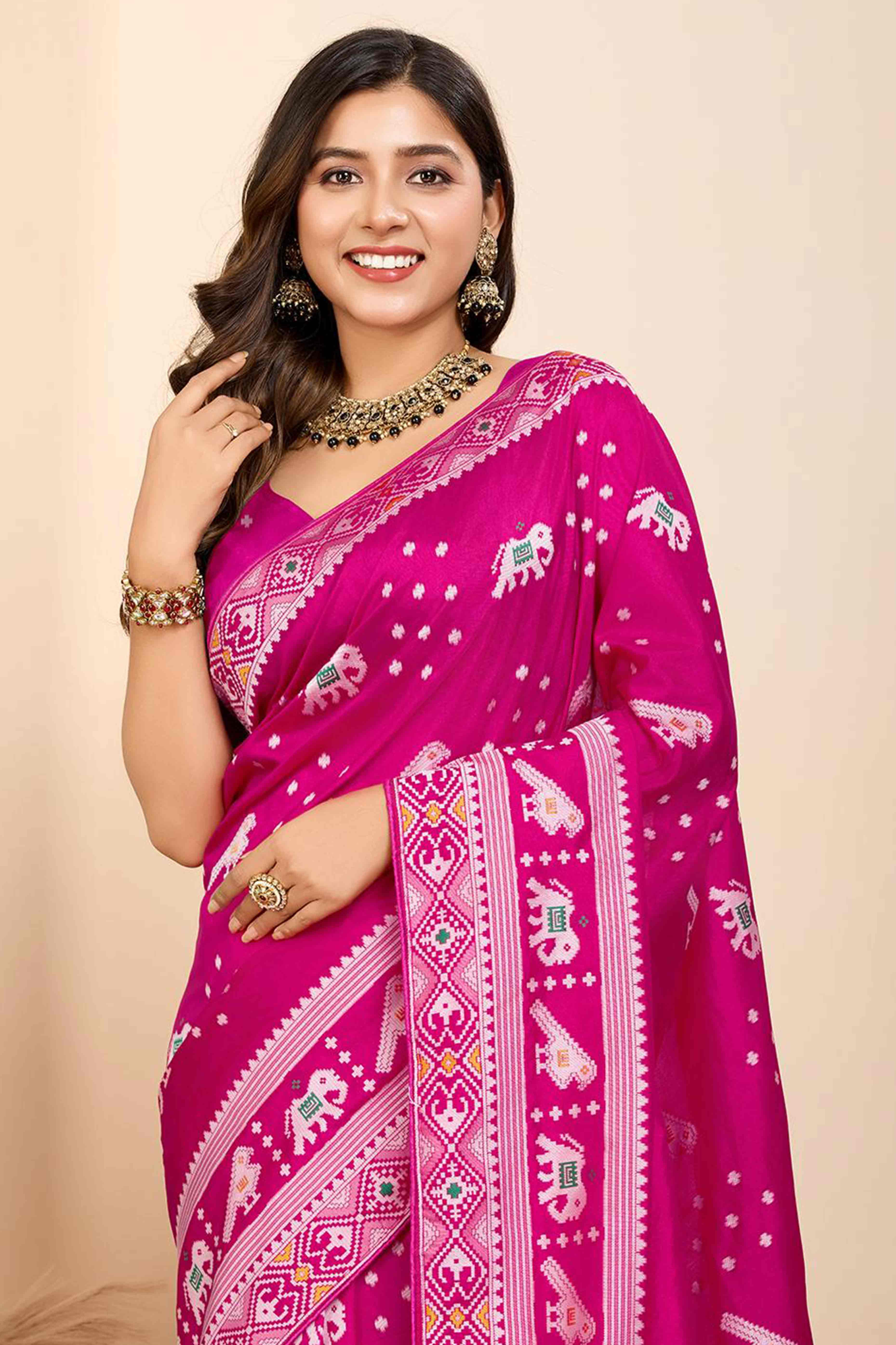 Pink Woven Dola Silk Patola Saree With Tassels