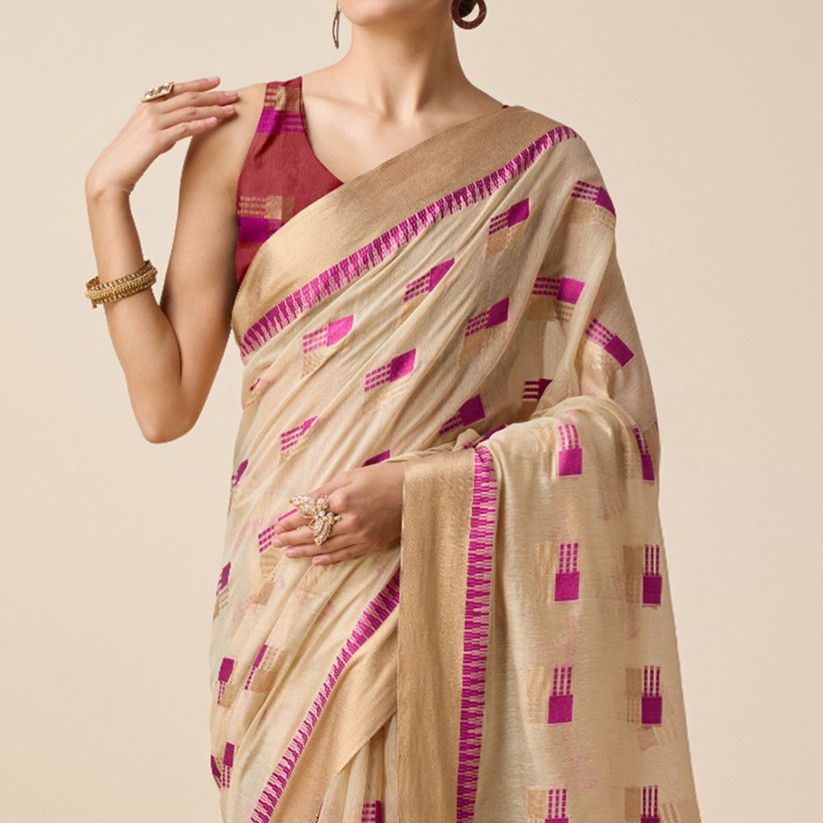 Beige Zari Woven Cotton Silk Saree