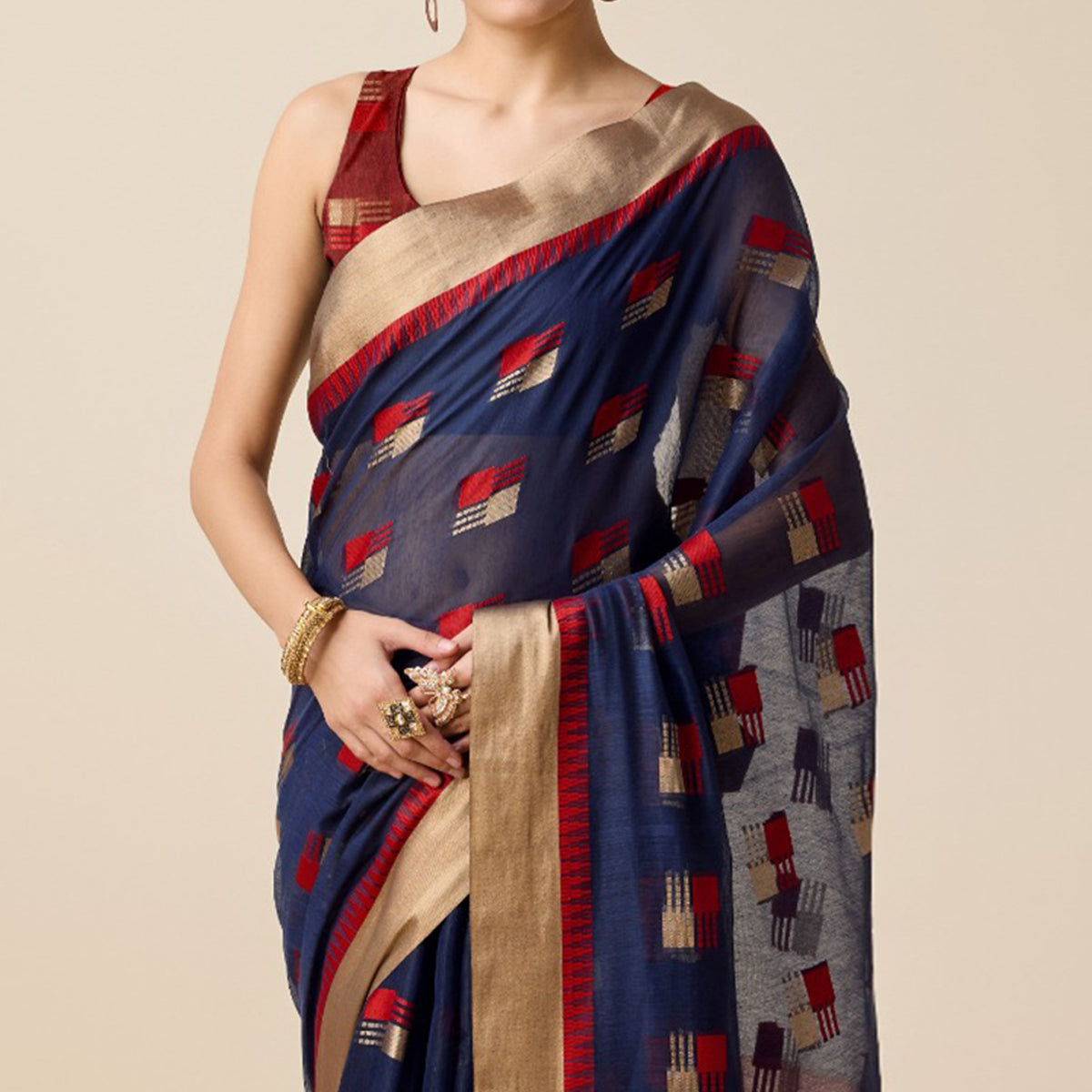 Navy Blue Zari Woven Cotton Silk Saree