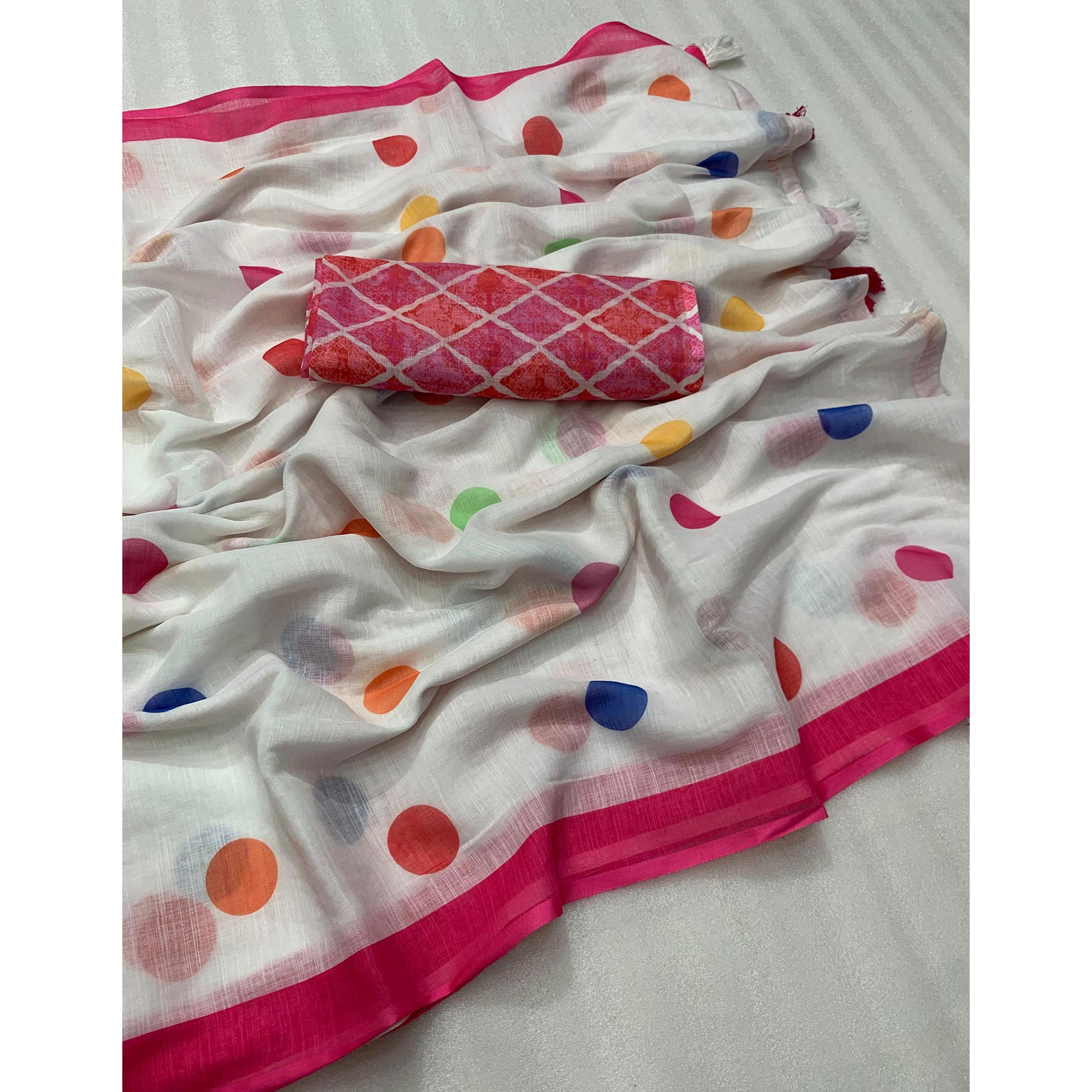 White Polka Dot Printed Linen Saree