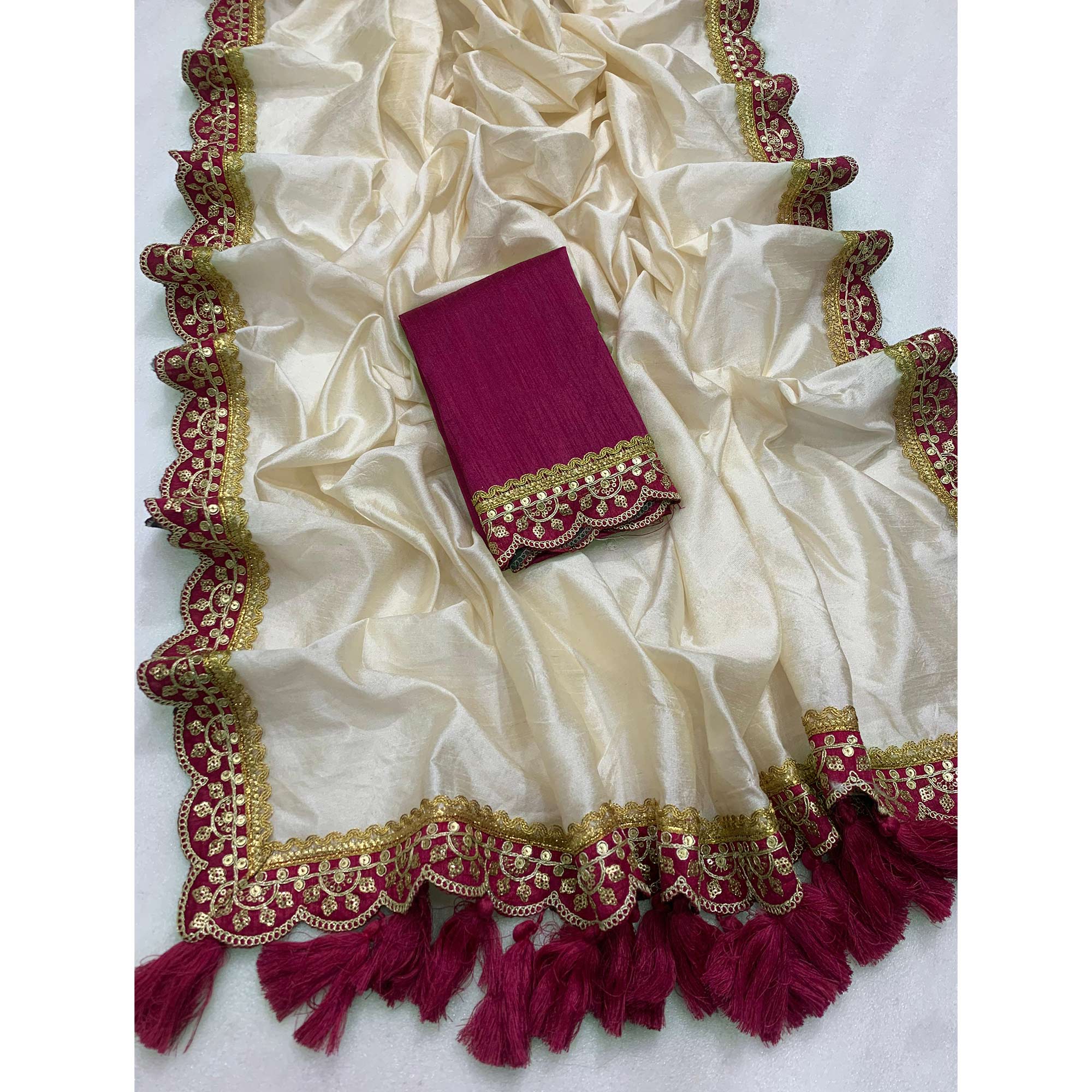 Cream & Rani Pink Solid Art Silk Saree With Sequins Embroidered Border