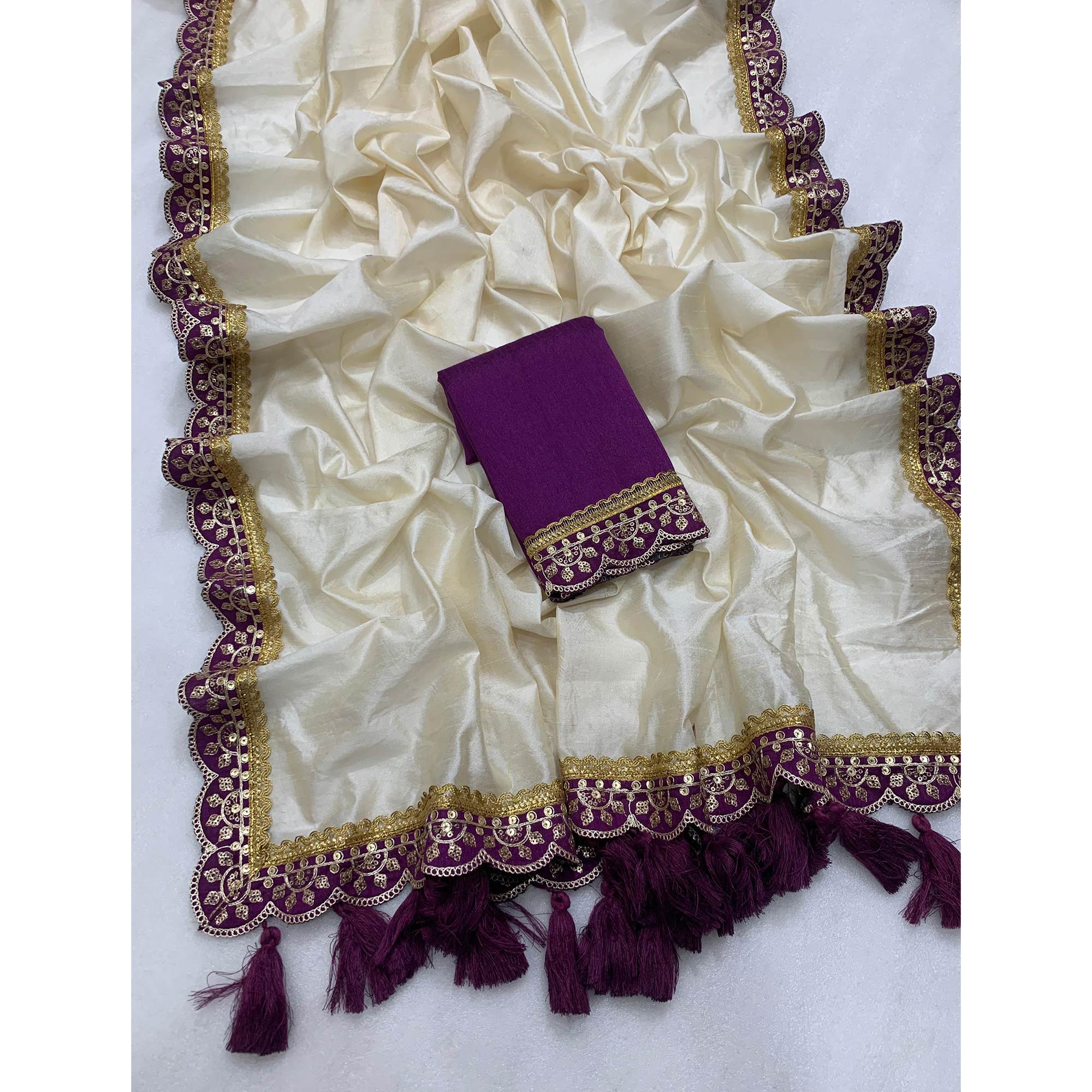 Cream & Wine Solid Art Silk Saree With Sequins Embroidered Border