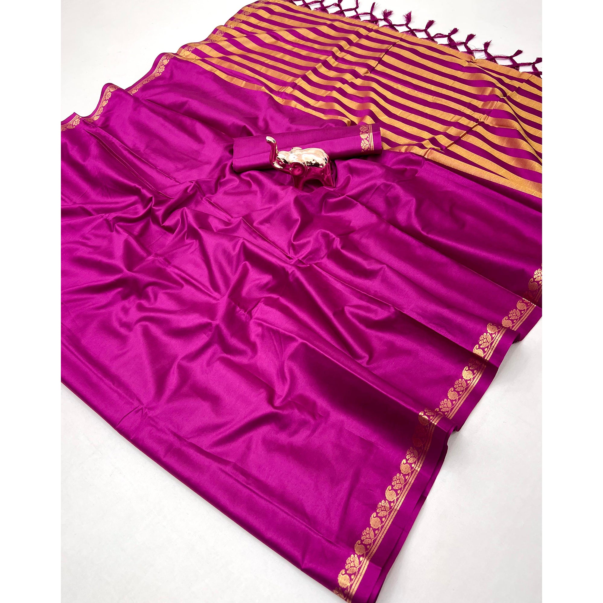 Classic Magenta Solid Weaving Mysore Silk Saree Accented With Floral Border & Tassel Pallu