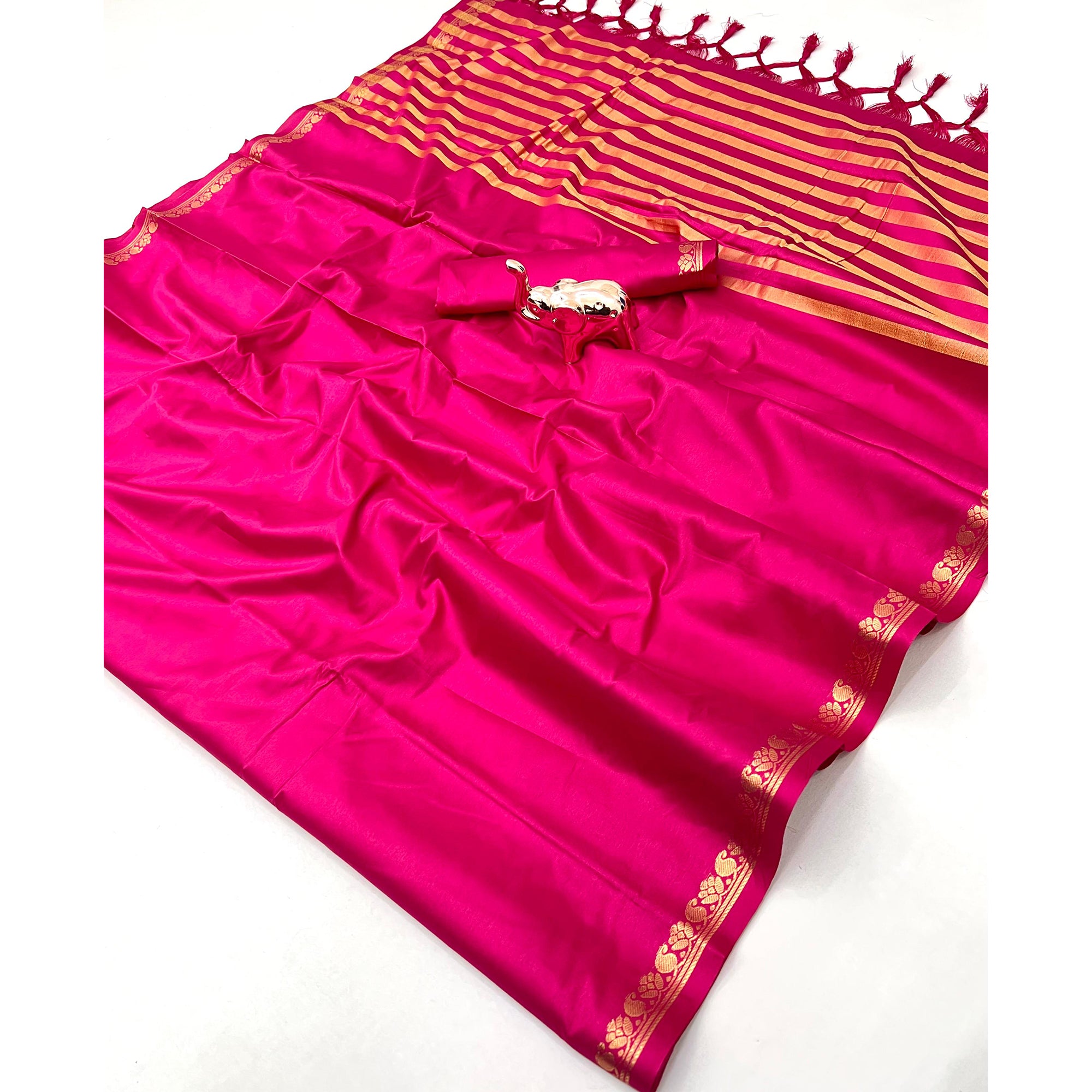 Classic Rani Pink Solid Weaving Mysore Silk Saree Accented With Floral Border & Tassel Pallu