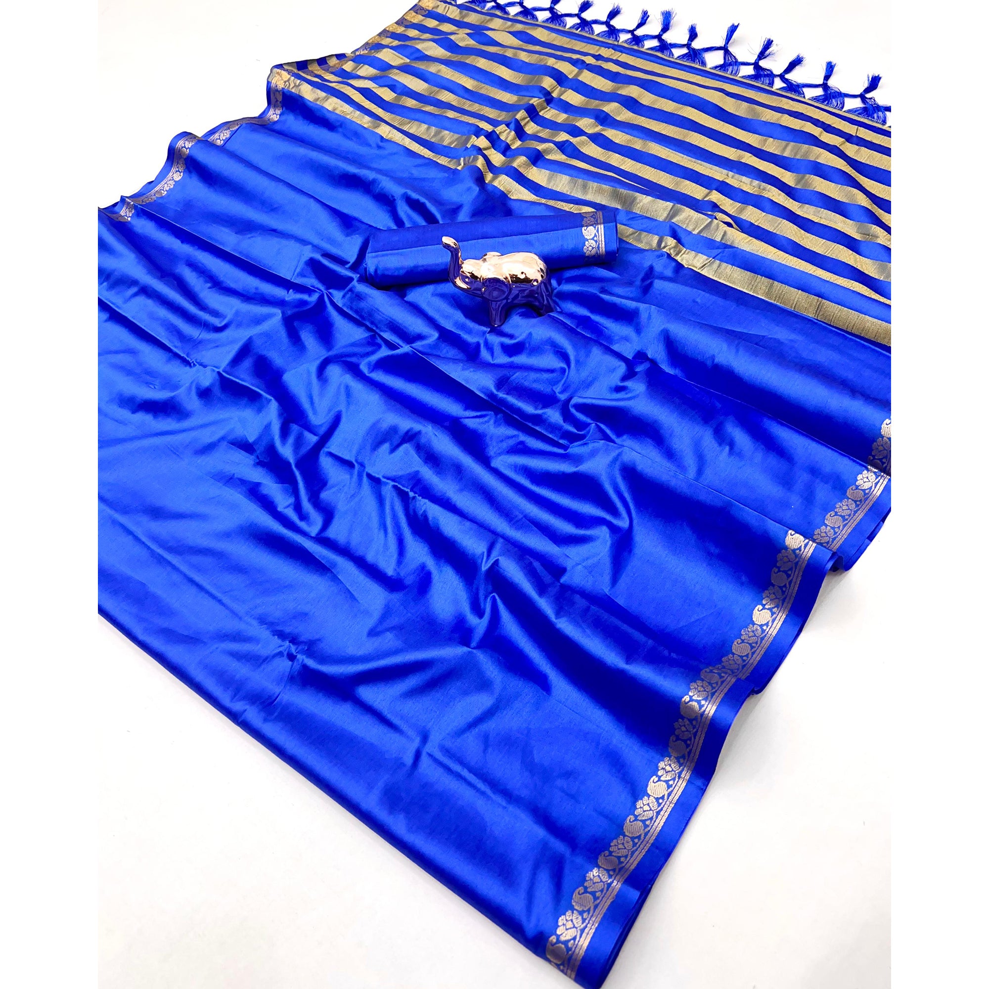 Classic Royal Blue Solid Weaving Mysore Silk Saree Accented With Floral Border & Tassel Pallu