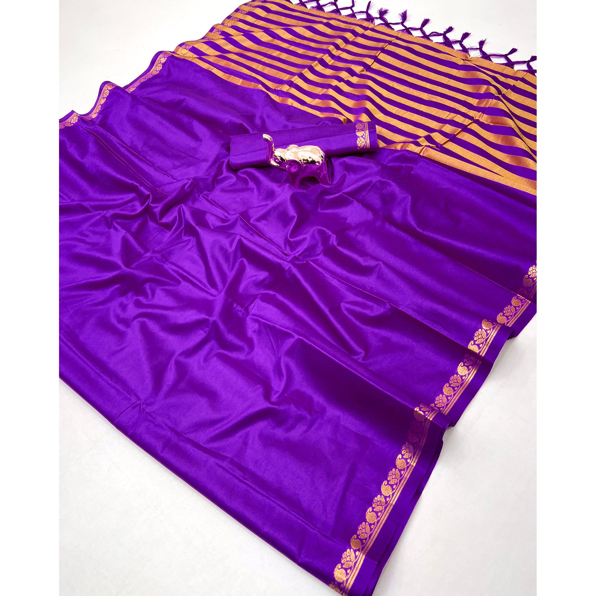 Classic Violet Solid Weaving Mysore Silk Saree Accented With Floral Border & Tassel Pallu