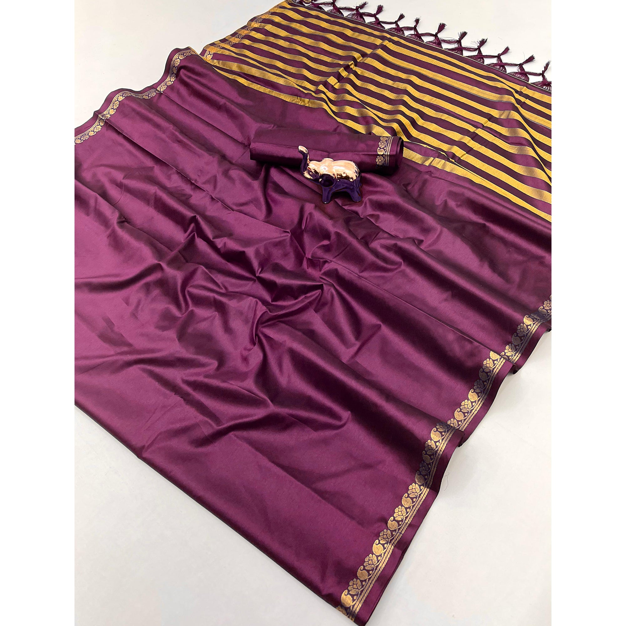 Classic Wine Solid Weaving Mysore Silk Saree Accented With Floral Border & Tassel Pallu