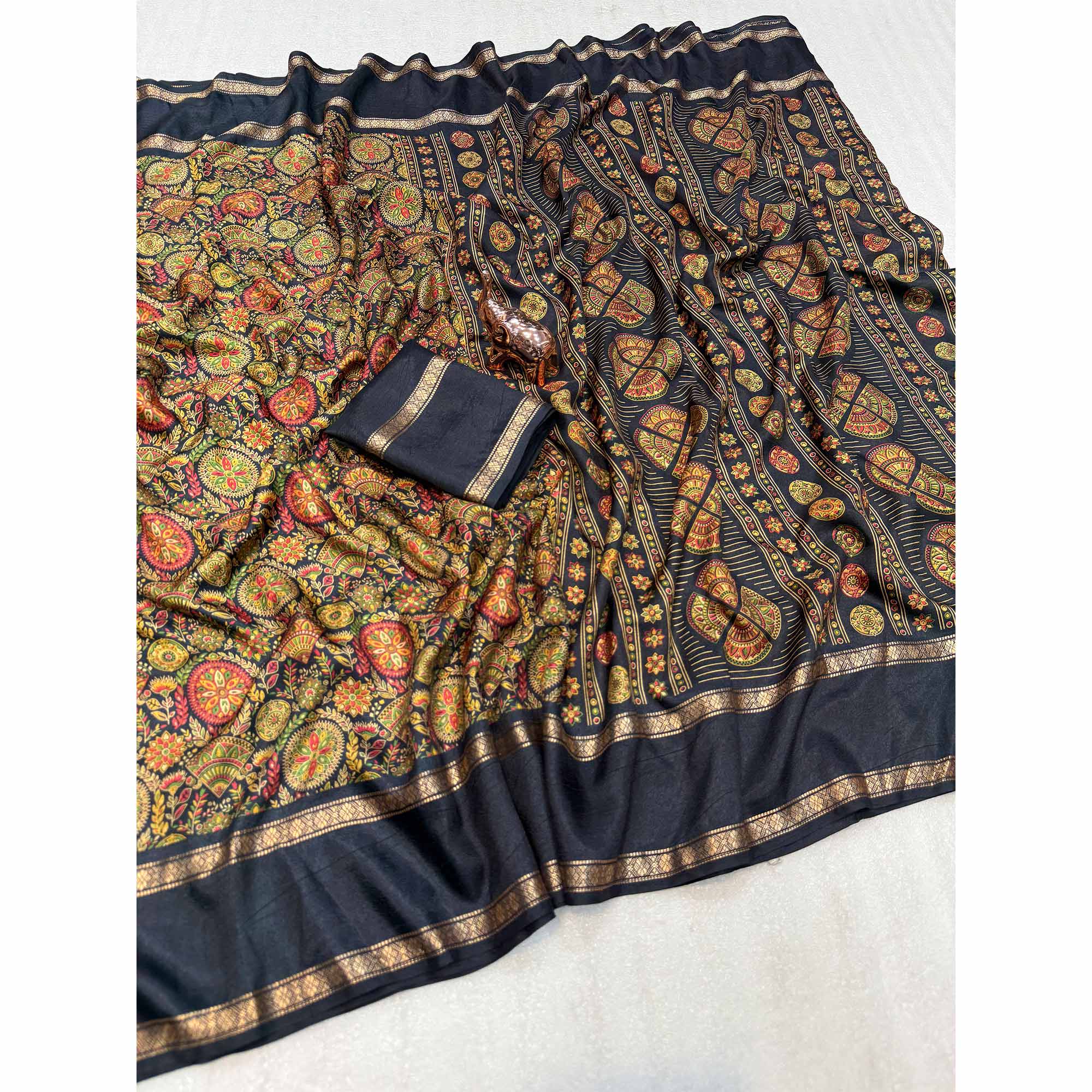 Black Floral Print Saree in Pure Soft Silk Blend Fabric for Timeless Grace