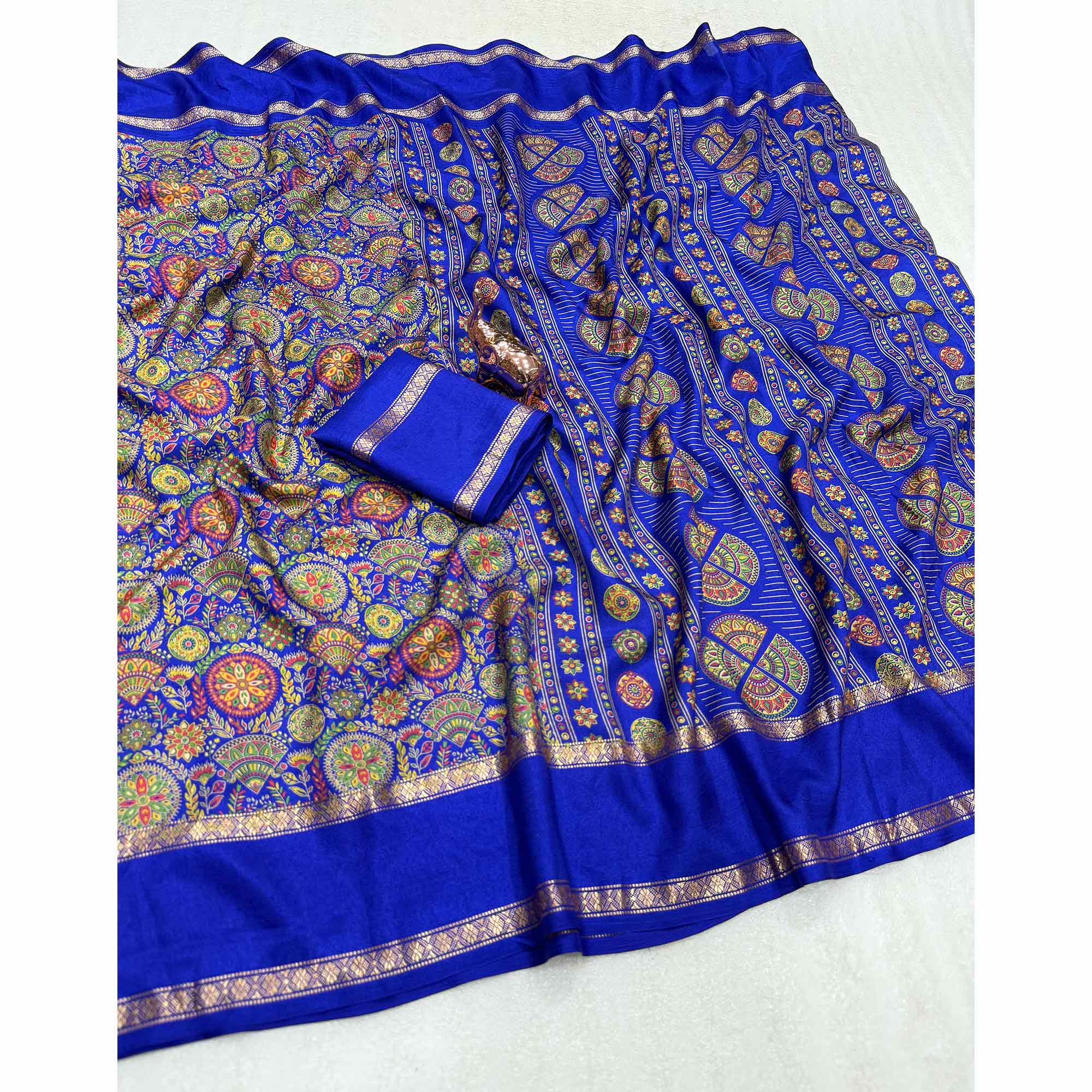 Blue Floral Print Saree in Pure Soft Silk Blend Fabric for Timeless Grace
