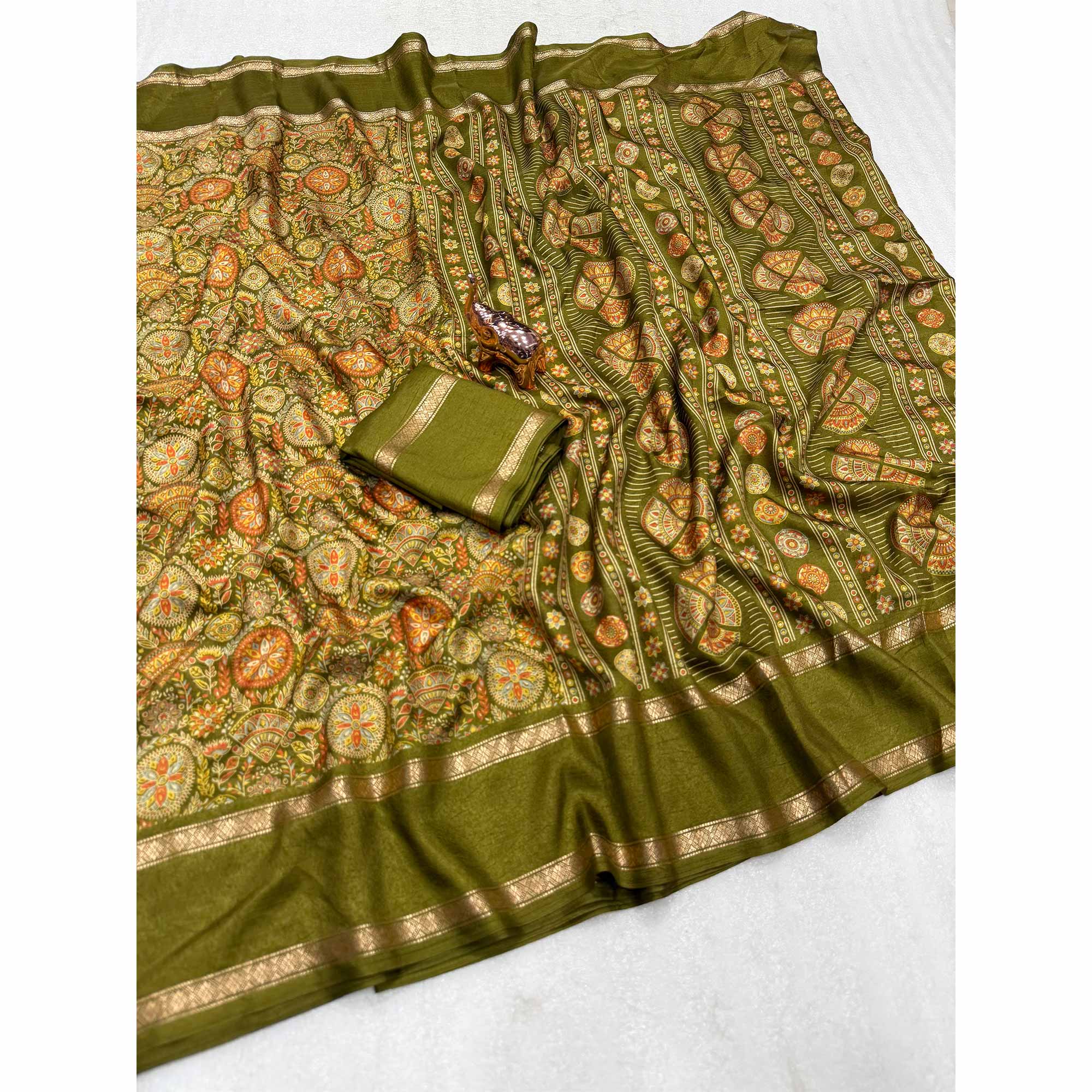 Green Floral Print Saree in Pure Soft Silk Blend Fabric for Timeless Grace