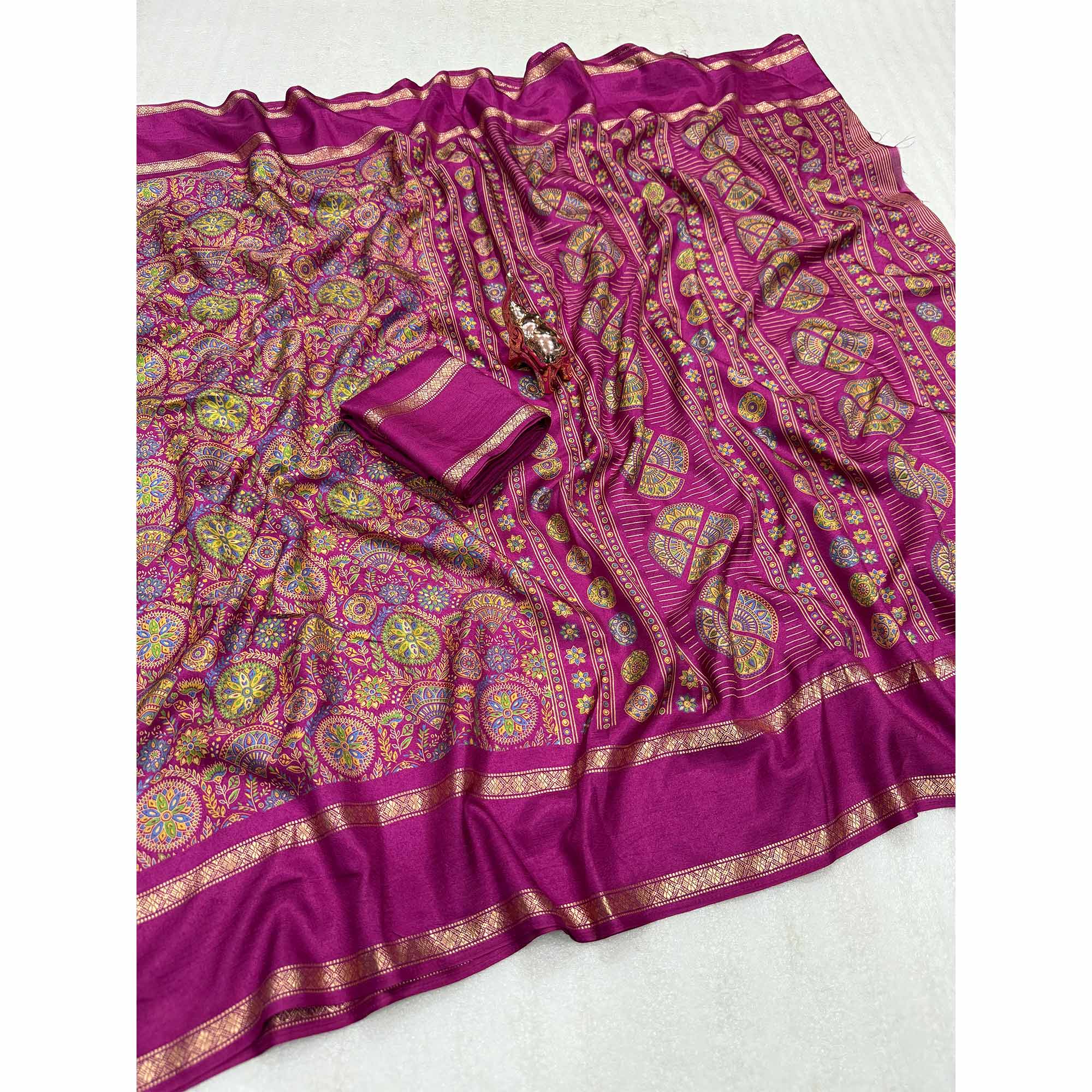 Magenta Floral Print Saree in Pure Soft Silk Blend Fabric for Timeless Grace
