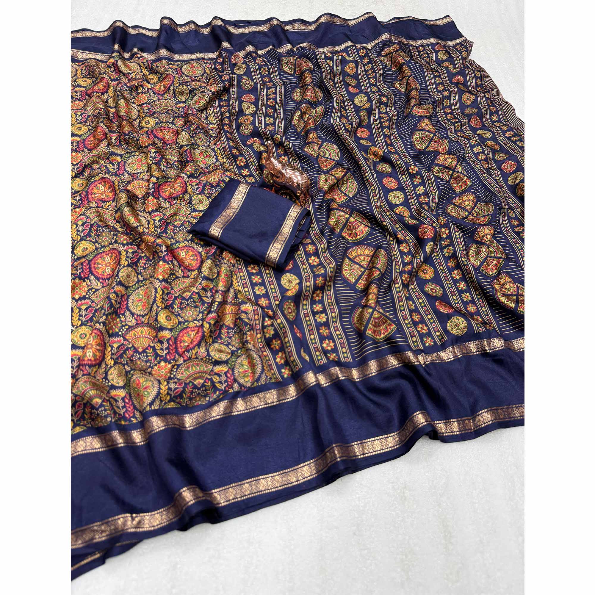 Navy Blue Floral Print Saree in Pure Soft Silk Blend Fabric for Timeless Grace