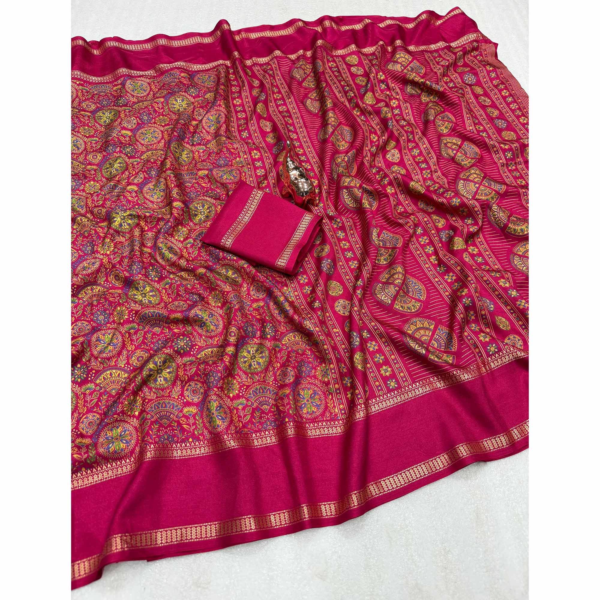 Pink Floral Print Saree in Pure Soft Silk Blend Fabric for Timeless Grace