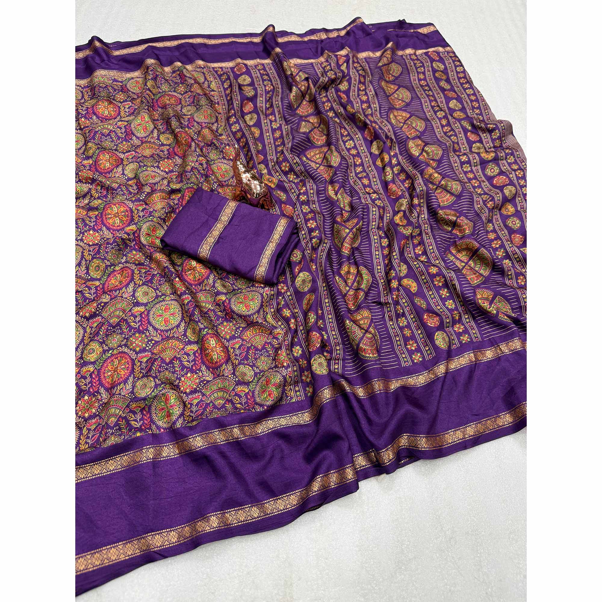 Purple Floral Print Saree in Pure Soft Silk Blend Fabric for Timeless Grace