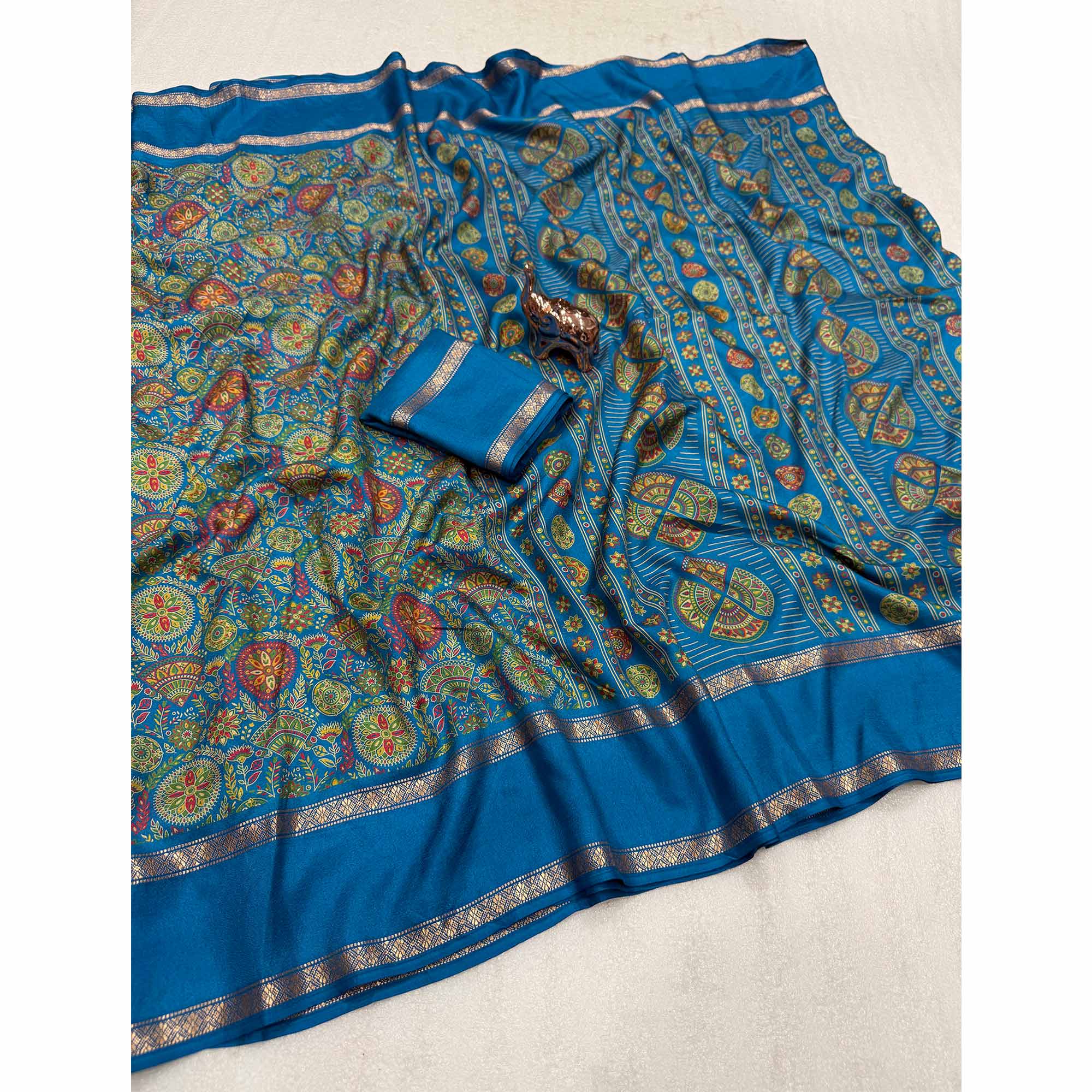 Teal Floral Print Saree in Pure Soft Silk Blend Fabric for Timeless Grace
