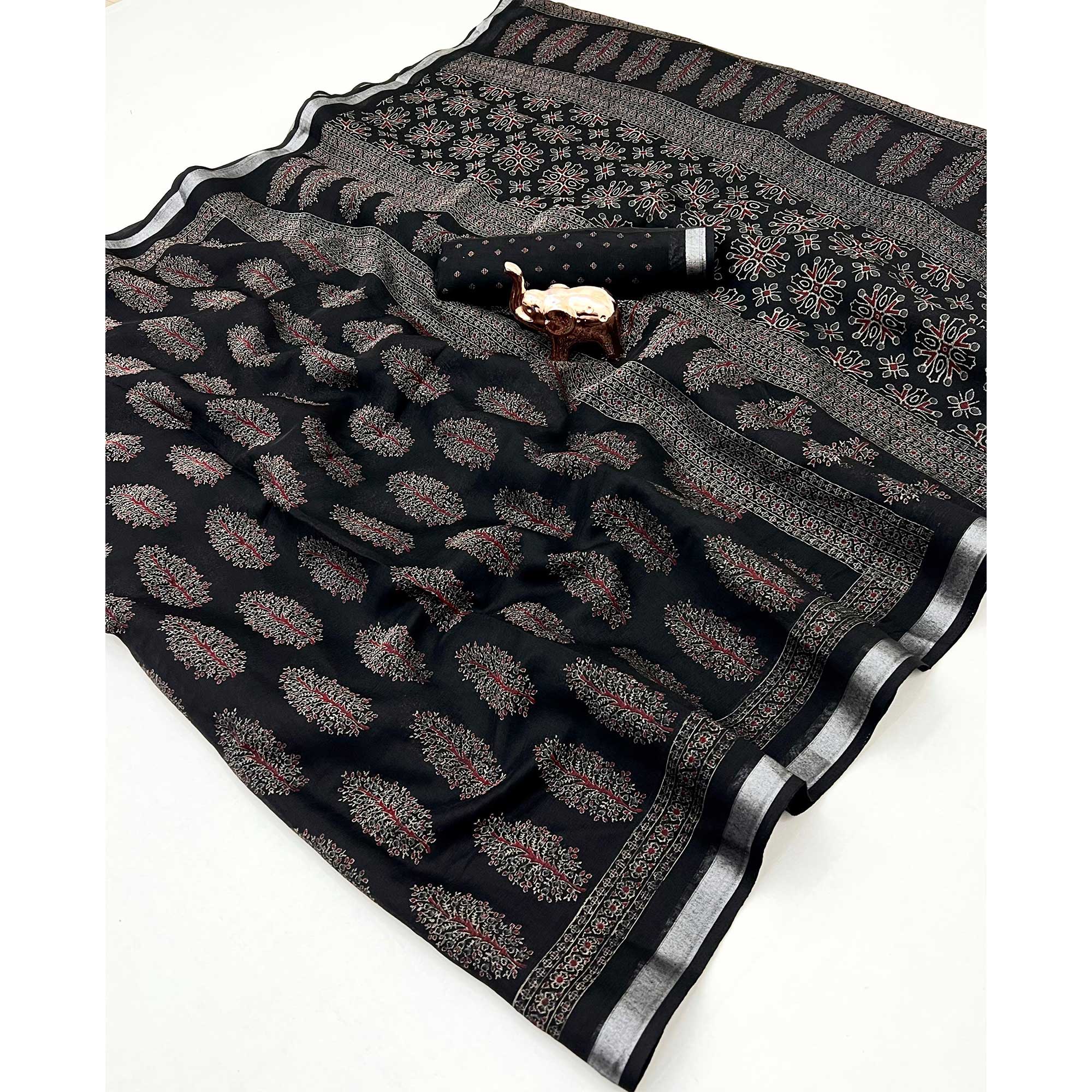 Classic Black Linen Cotton Saree Featuring Floral Ajrakh Print & Rich Silver Zari Border