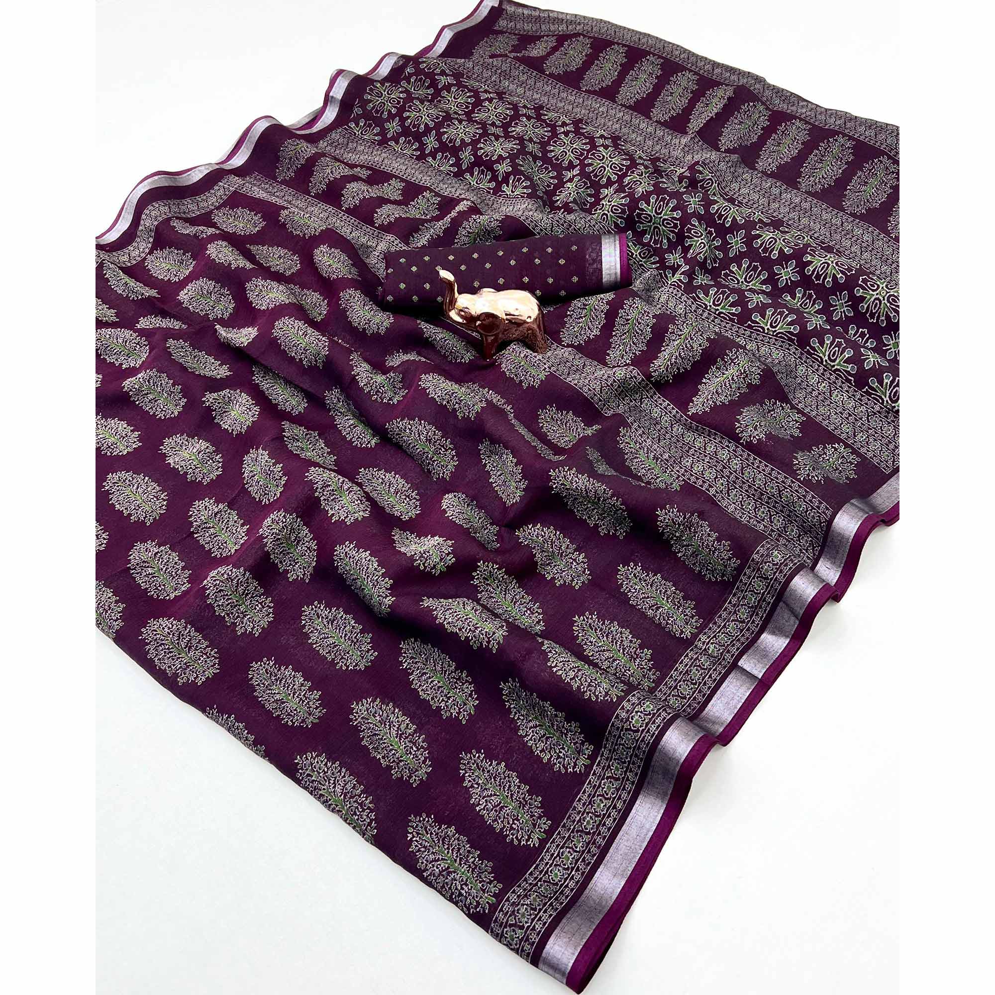 Classic Wine Linen Cotton Saree Featuring Floral Ajrakh Print & Rich Silver Zari Border