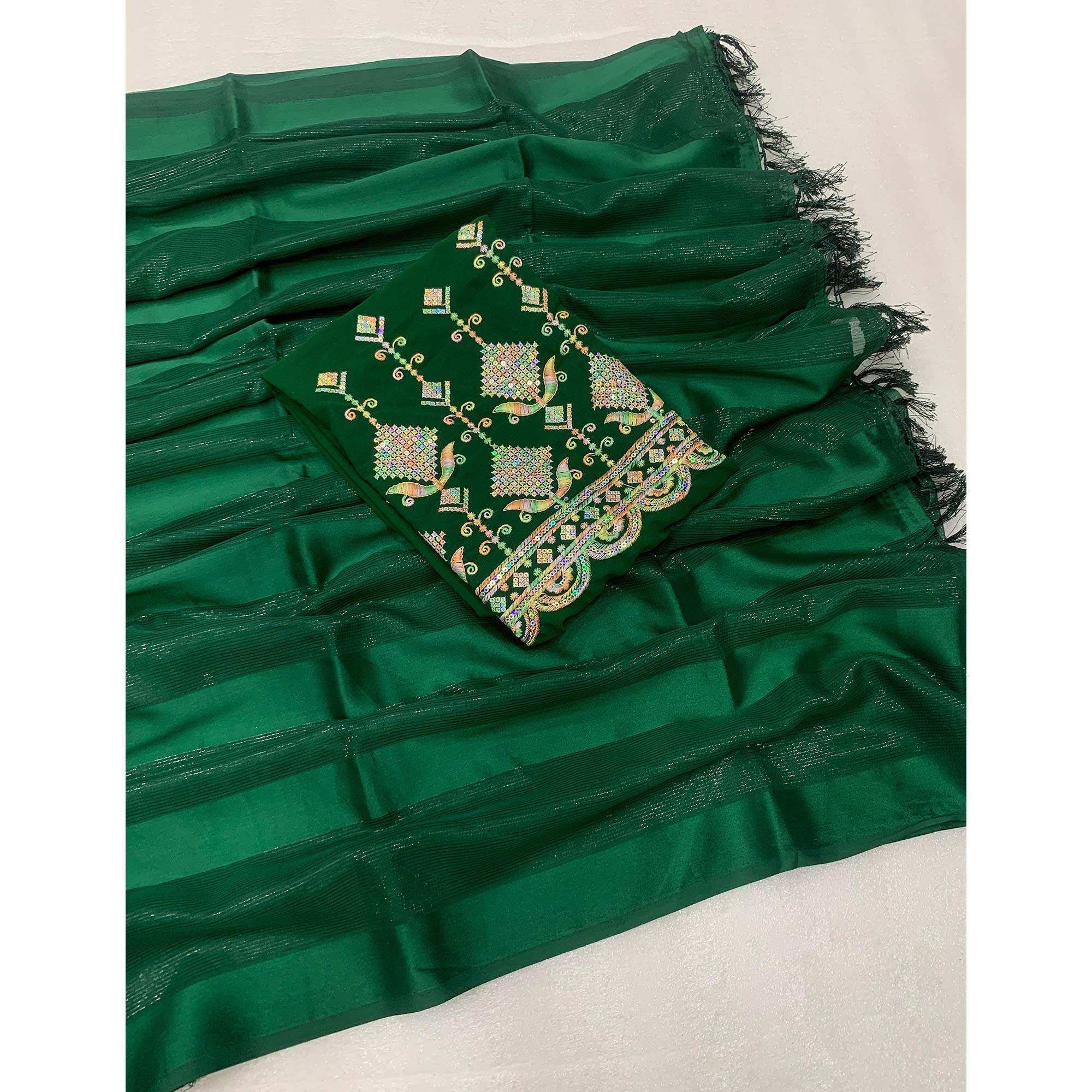 Green Striped Woven Chiffon Silk Saree With Tassels