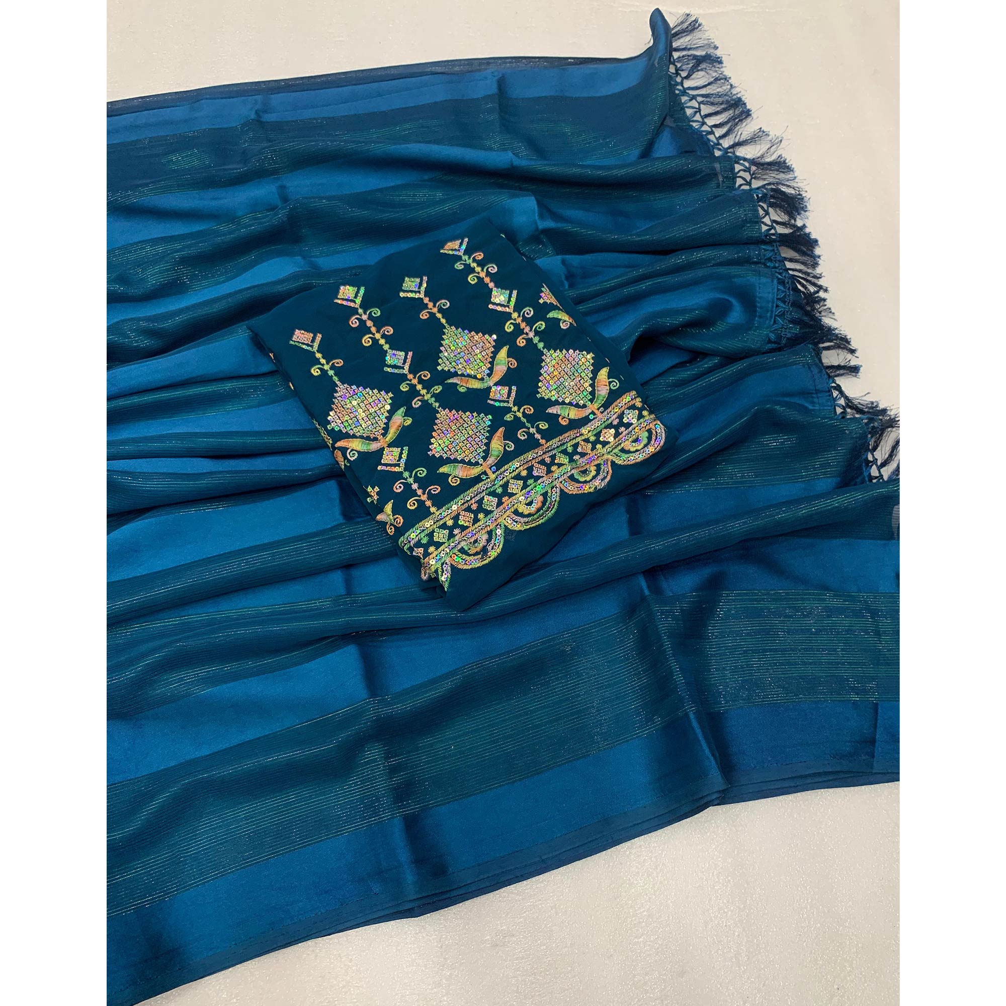 Morpich Striped Woven Chiffon Silk Saree With Tassels