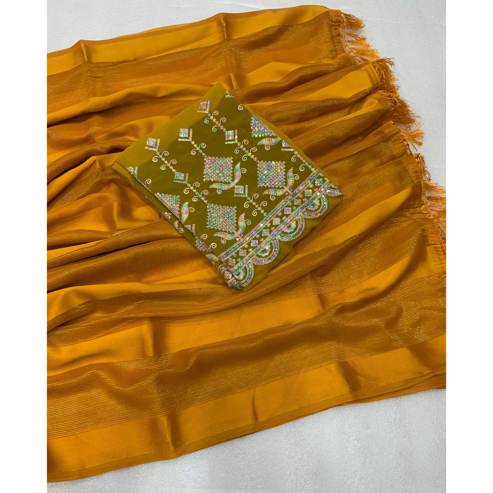 Mustard Striped Woven Chiffon Silk Saree With Tassels