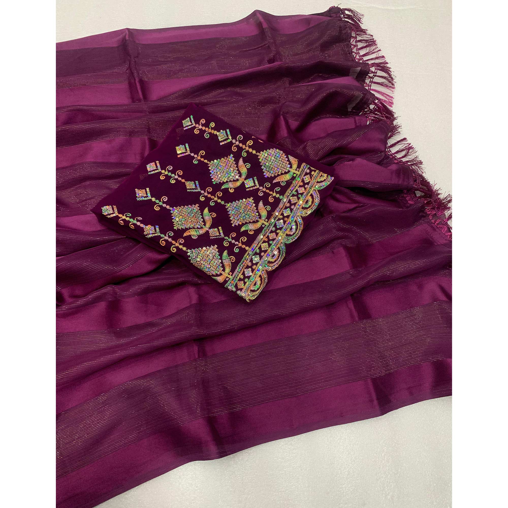 Wine Striped Woven Chiffon Silk Saree With Tassels