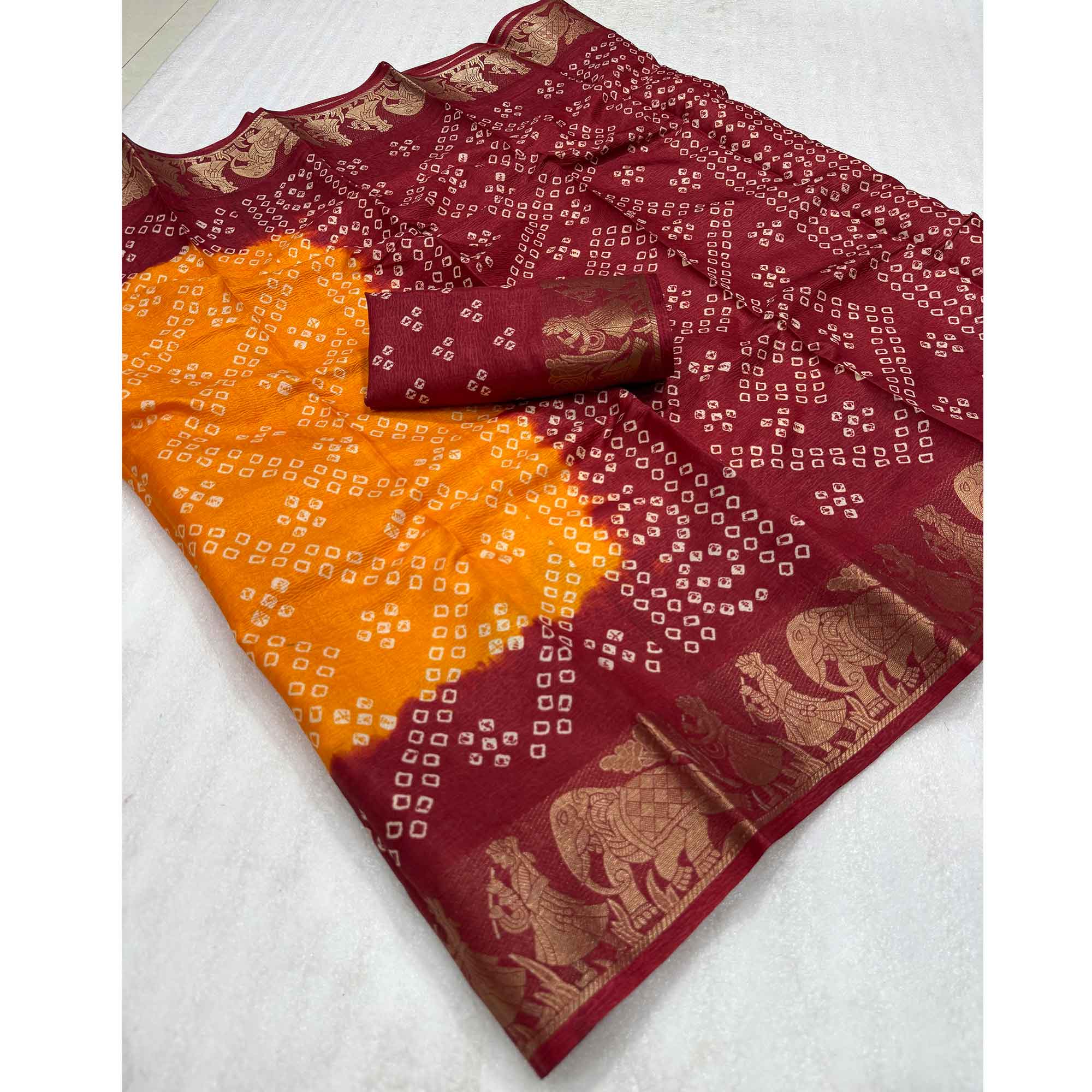 Classic Bright Orange & Maroon Bandhani Printed Dola Silk Saree With Weaving Jacquard Border