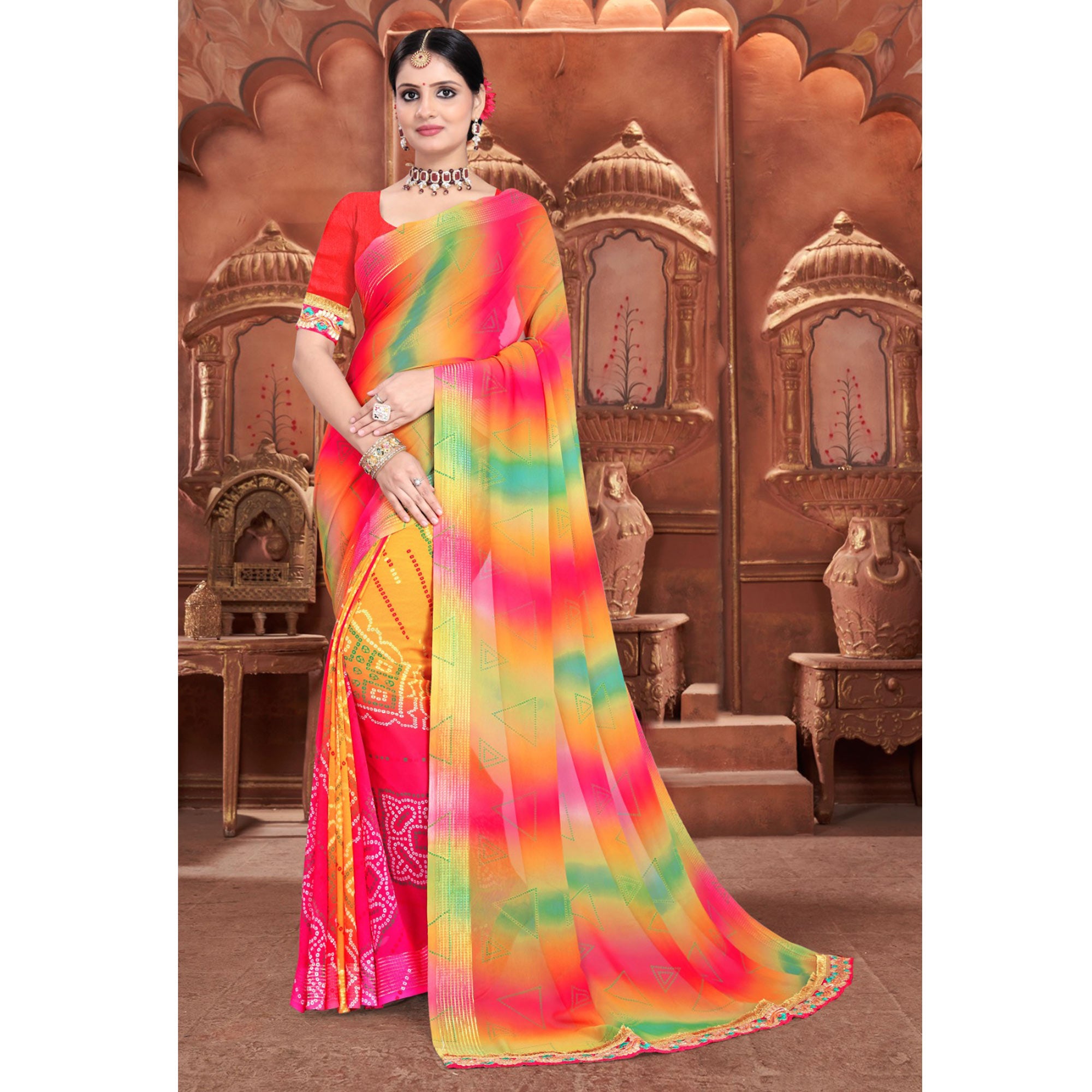 Yellow & Pink Bandhani Printed Georgette Saree With Zari Border