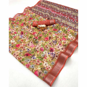 Beautiful Green Floral Printed Saree in Lightweight Soft Linen Fabric