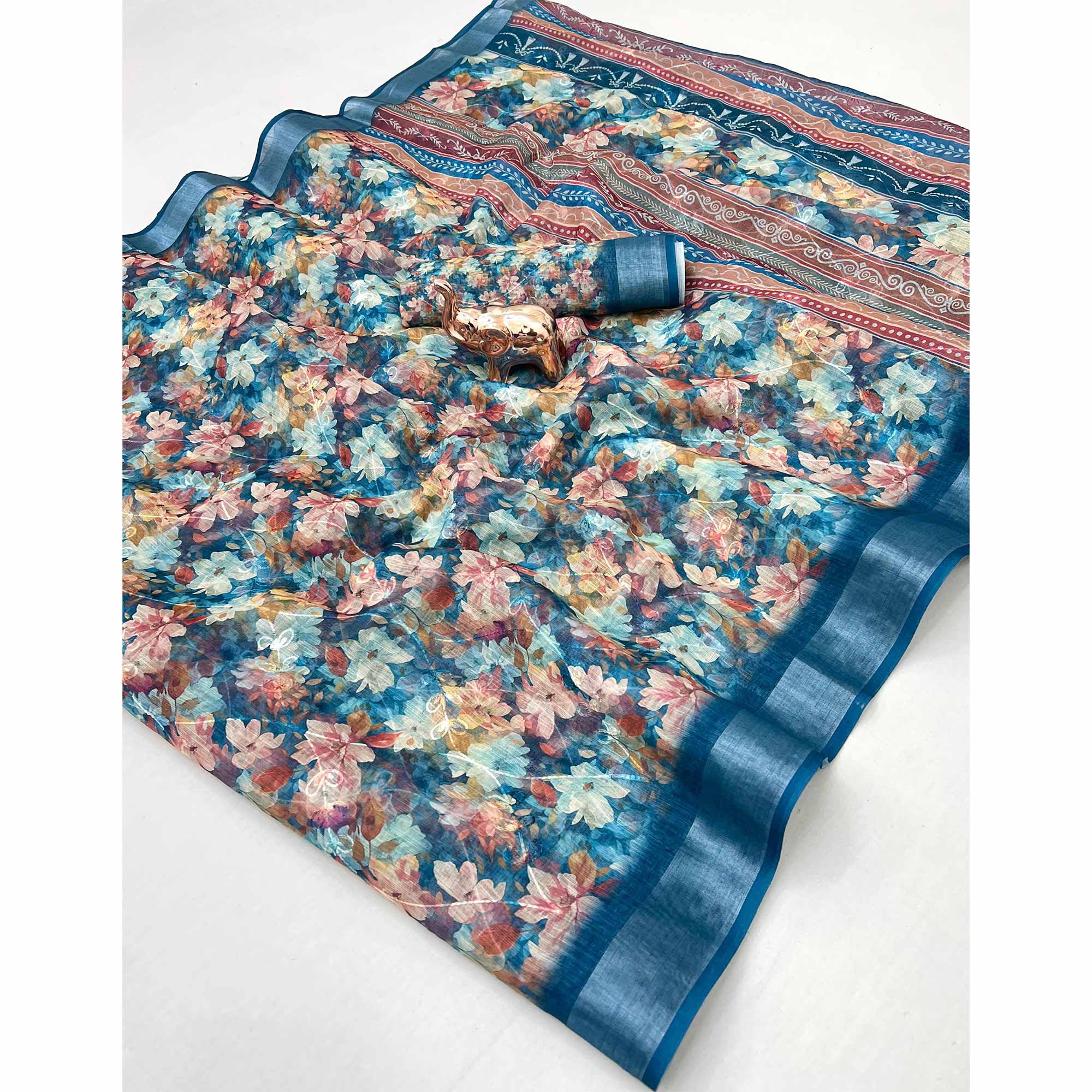 Beautiful Light Blue Floral Printed Saree in Lightweight Soft Linen Fabric