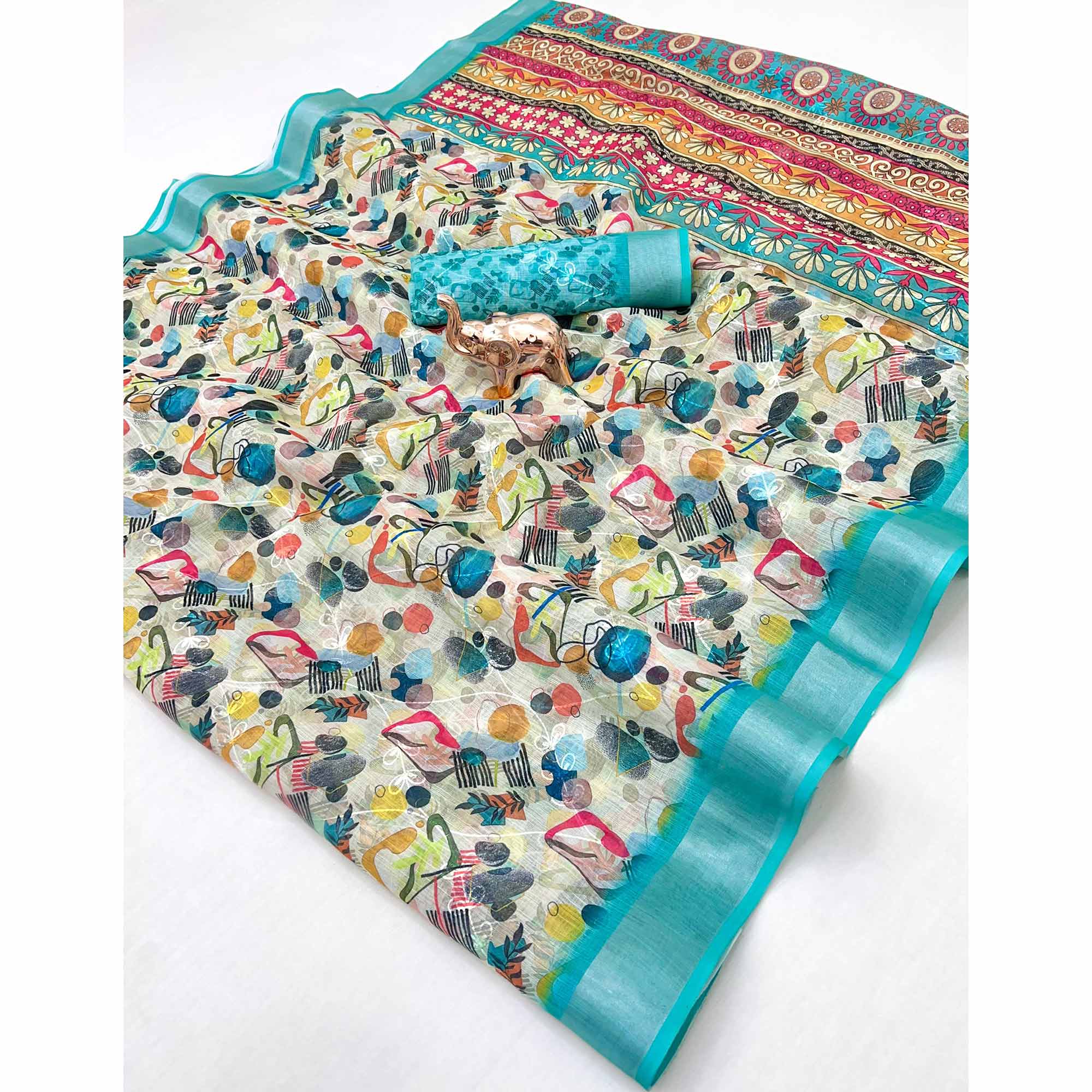 Beautiful Mint Green Floral Printed Saree in Lightweight Soft Linen Fabric