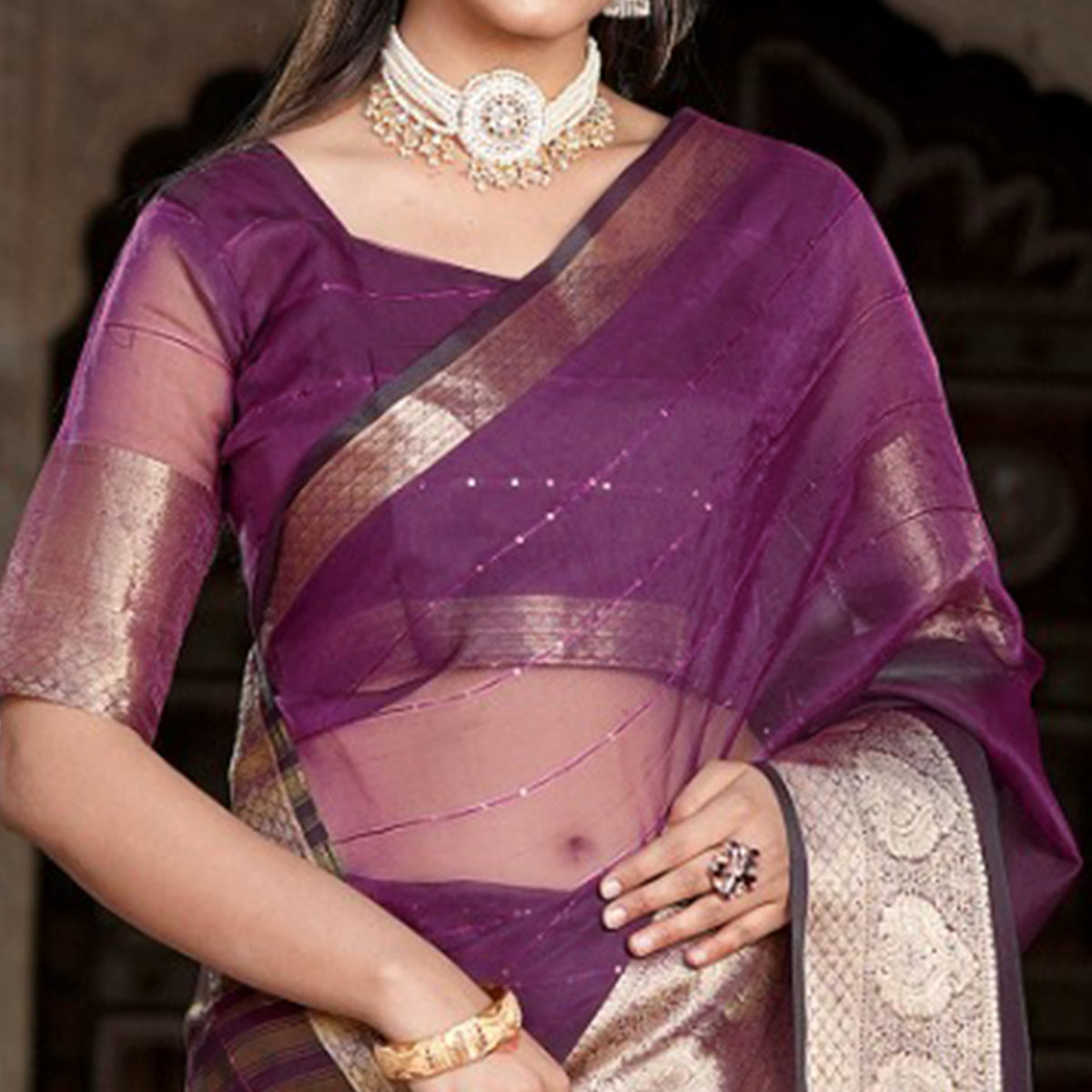 Purple Sequins Embroidered Organza Saree With Woven Border
