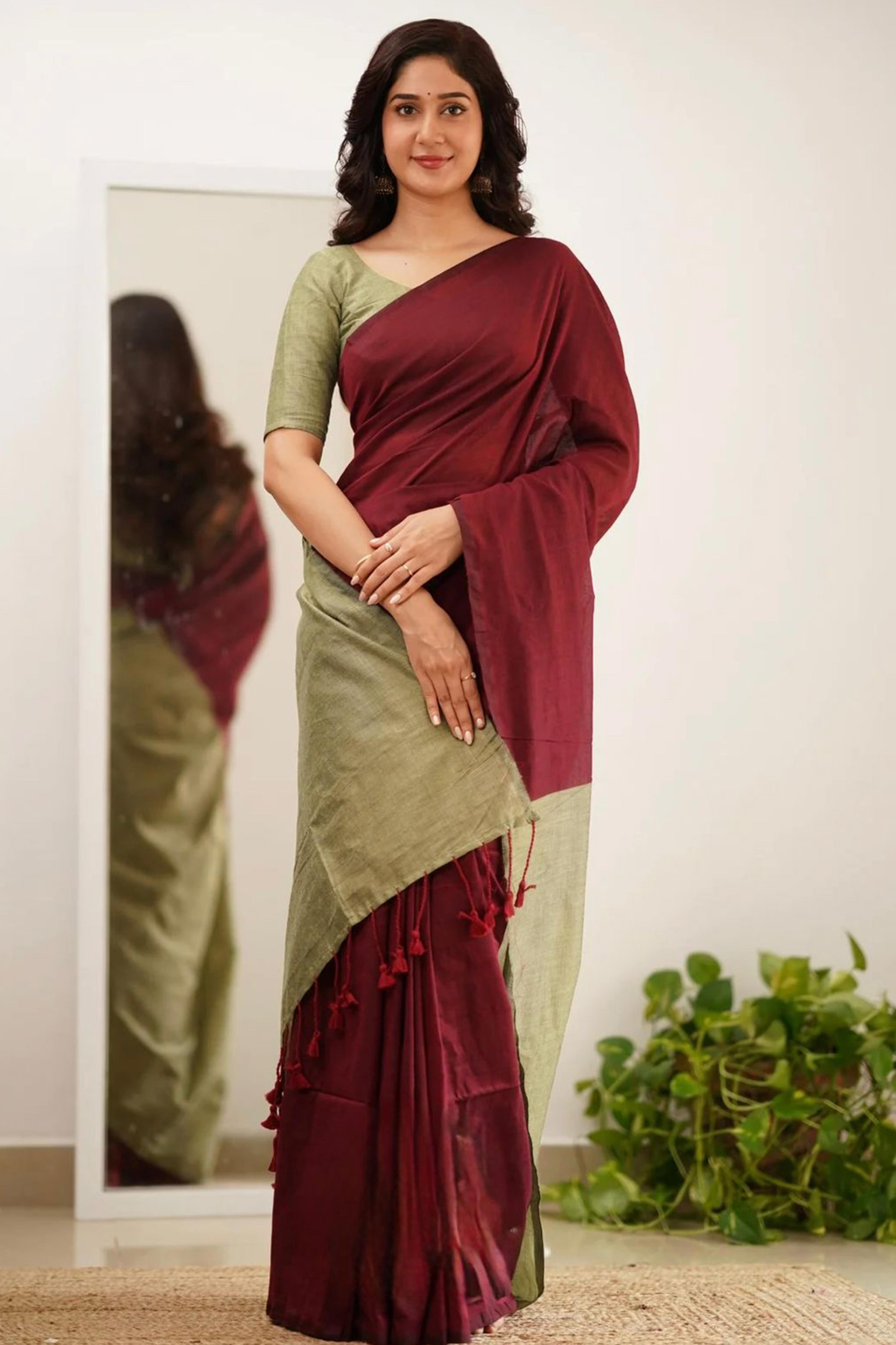 Charming Maroon & Chikoo Solid Handwoven Pure Mul Cotton Saree With Tassel Pallu