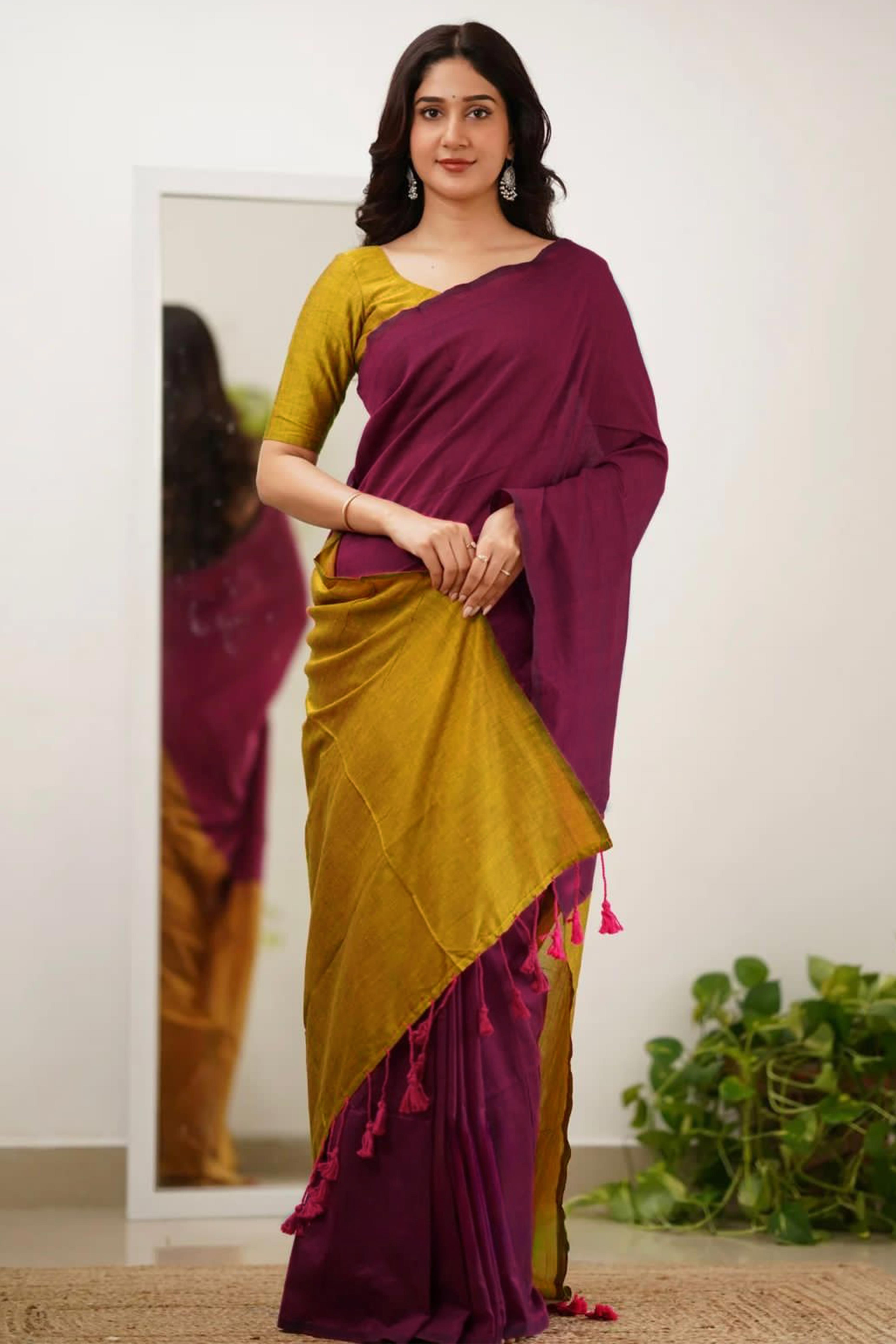 Charming Wine & Mustard Solid Handwoven Pure Mul Cotton Saree With Tassel Pallu