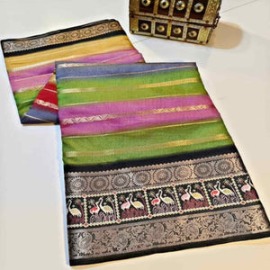 Luxury Multicolor Silk Jacquard Saree Adorned With Striped Zari Weaving and Printed Pallu
