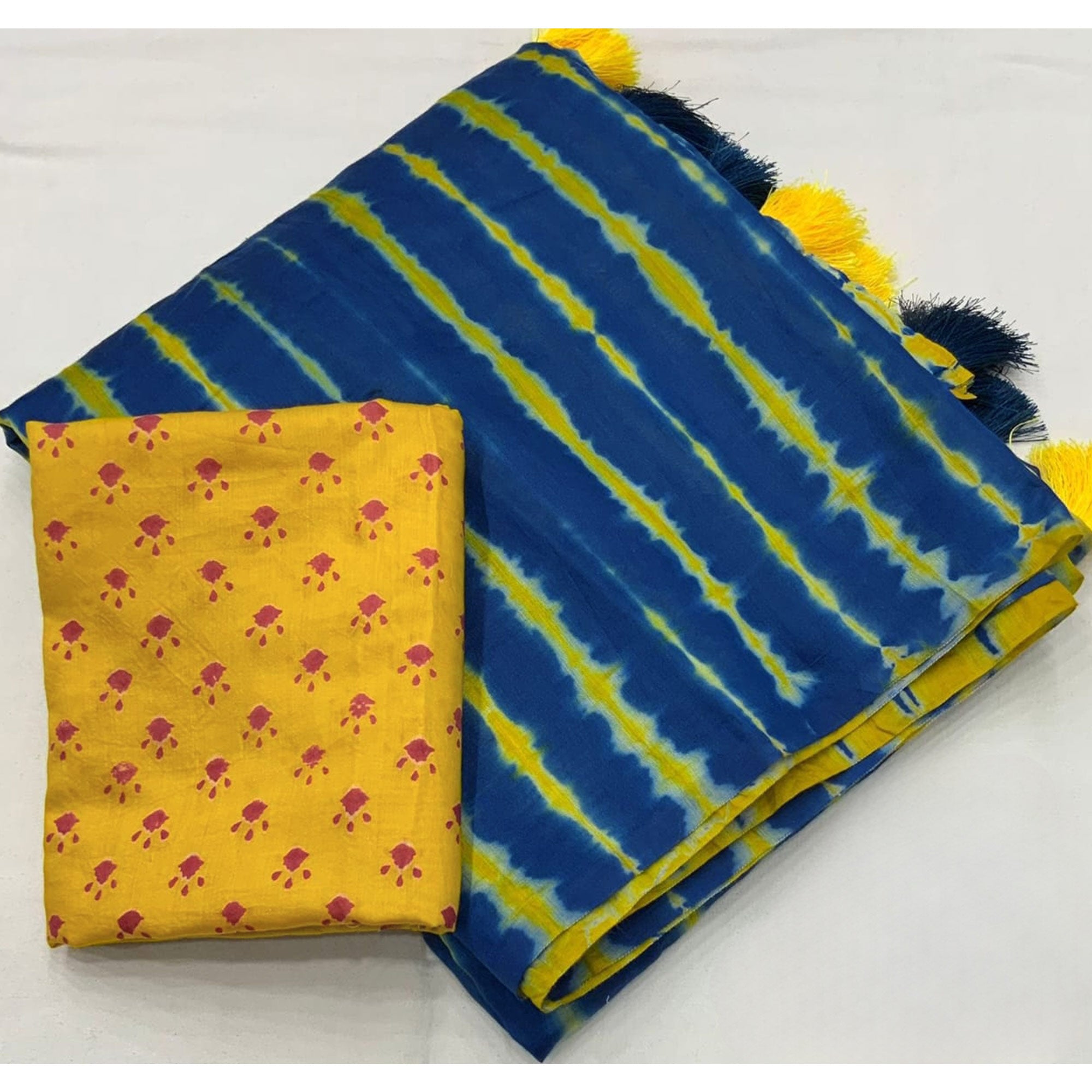 Blue & Yellow Shibori Printed Chanderi Saree