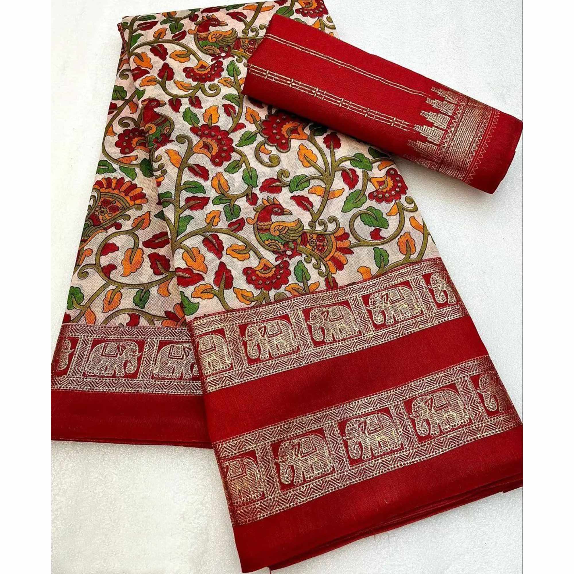 Off White kalamkari With Foil Printed Border Dola Silk Saree