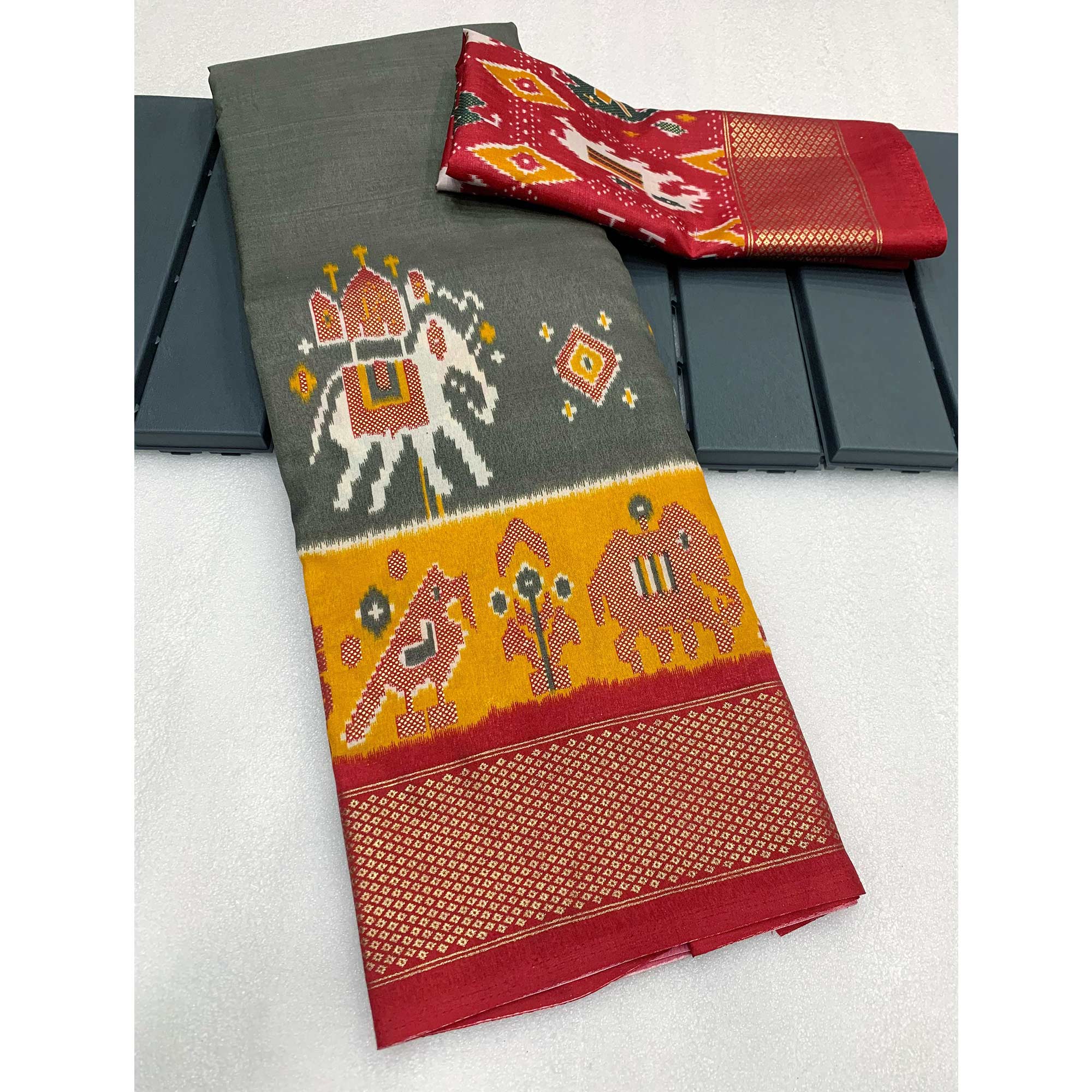 Grey Patola Printed Dola Silk Saree