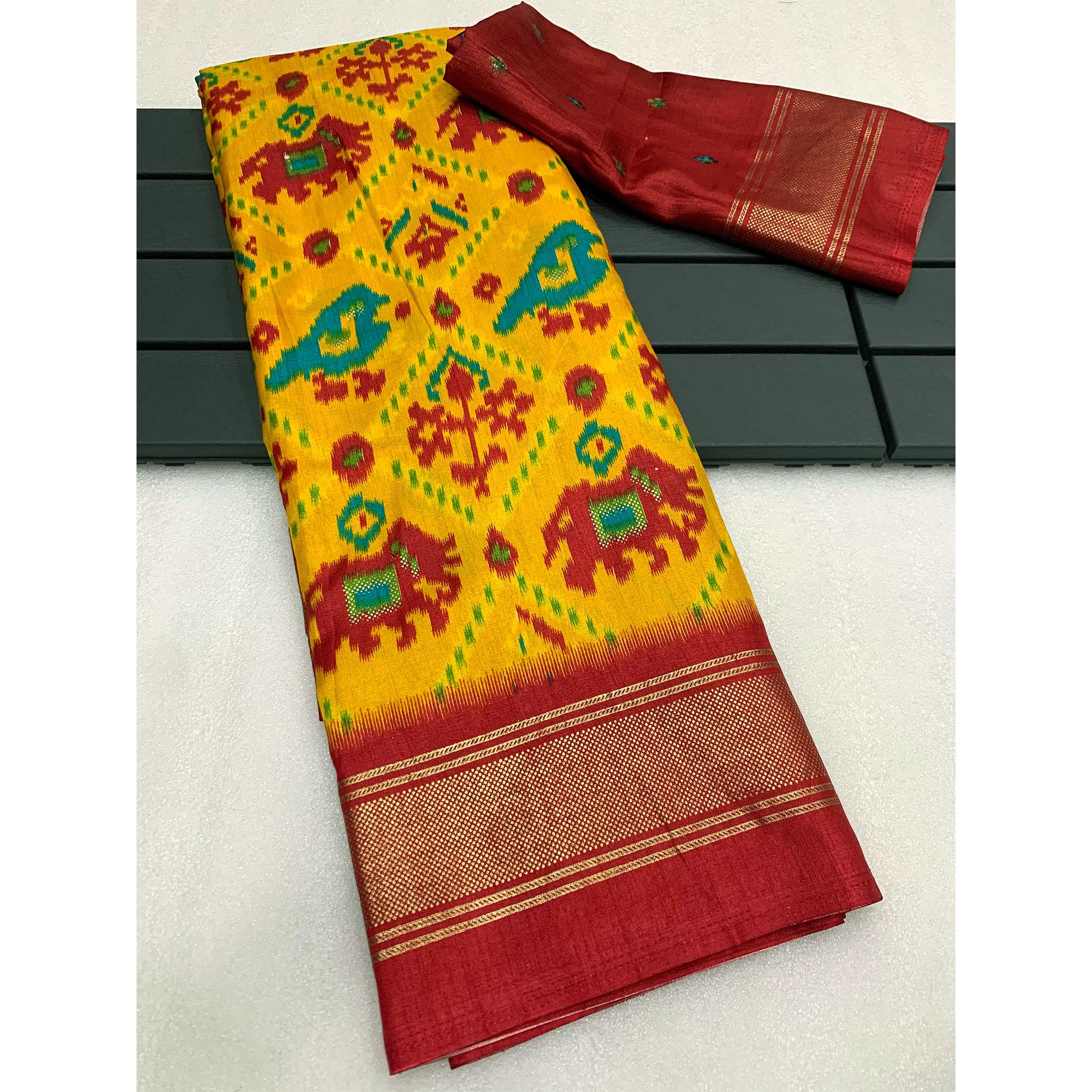 Yellow & Red Patola Printed Dola Silk Saree