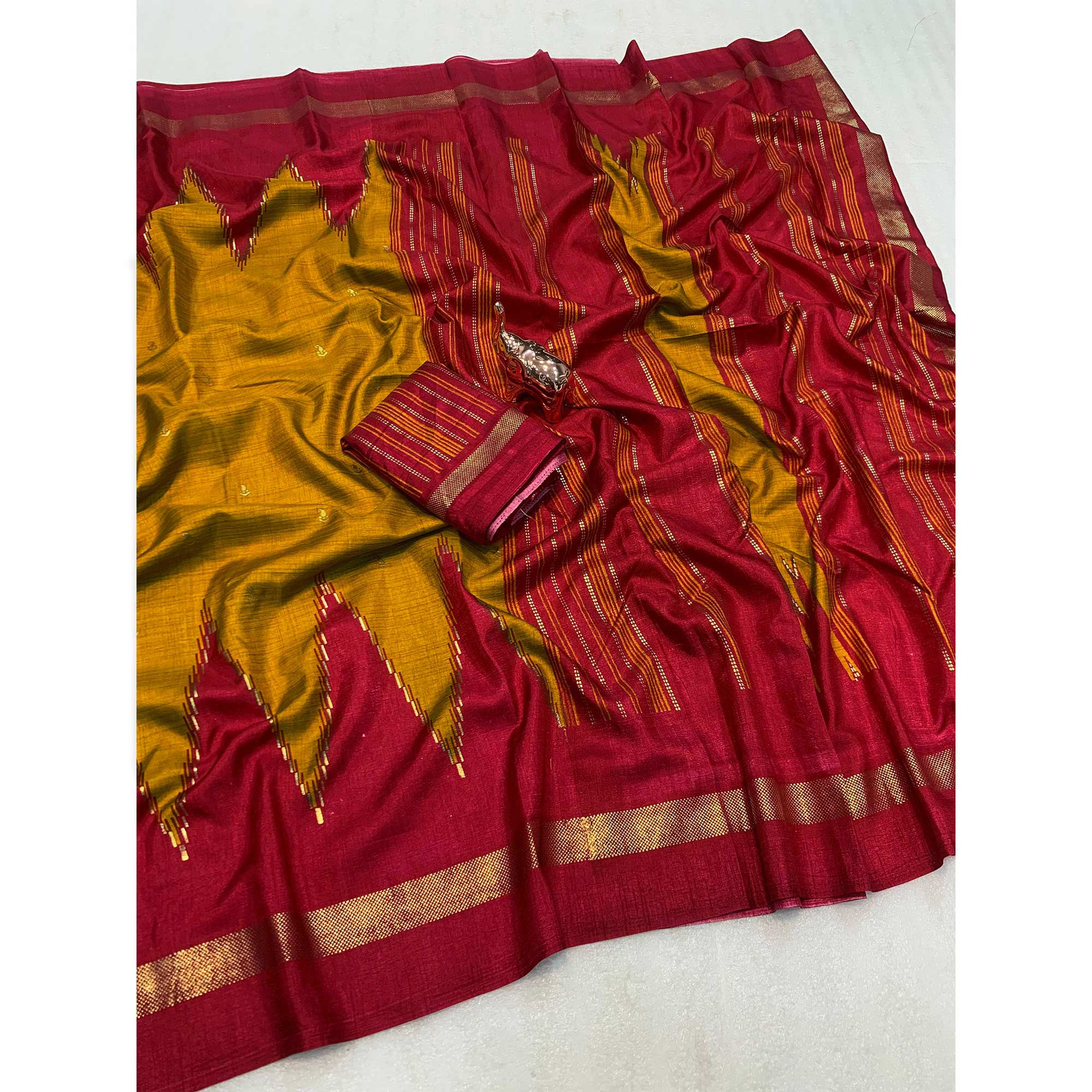 Subtle and Stylish Mustard & Red Saree with Ikkat Prints in Luxe Dola Silk for Festive Wear