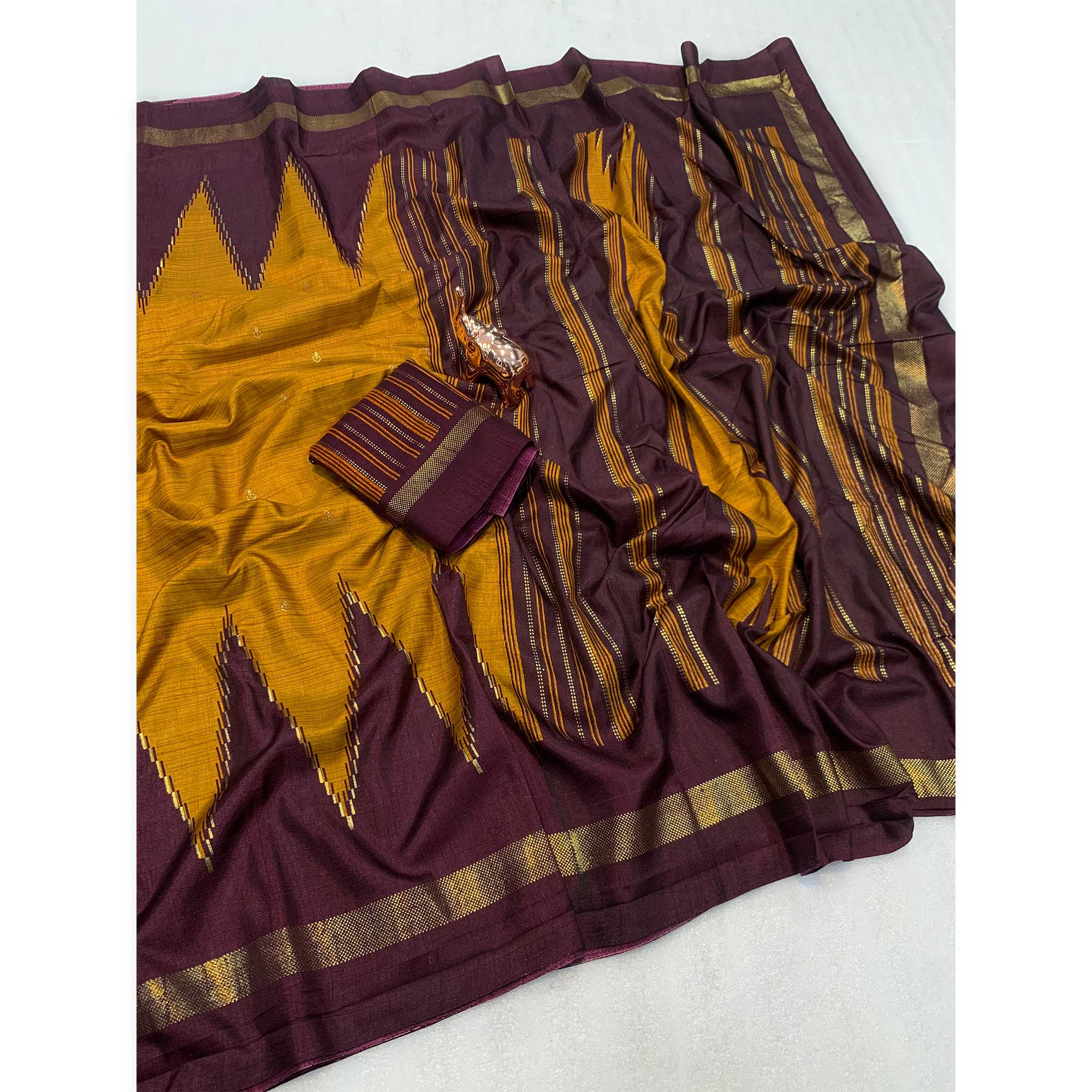 Subtle and Stylish Mustard & Maroon Saree with Ikkat Prints in Luxe Dola Silk for Festive Wear