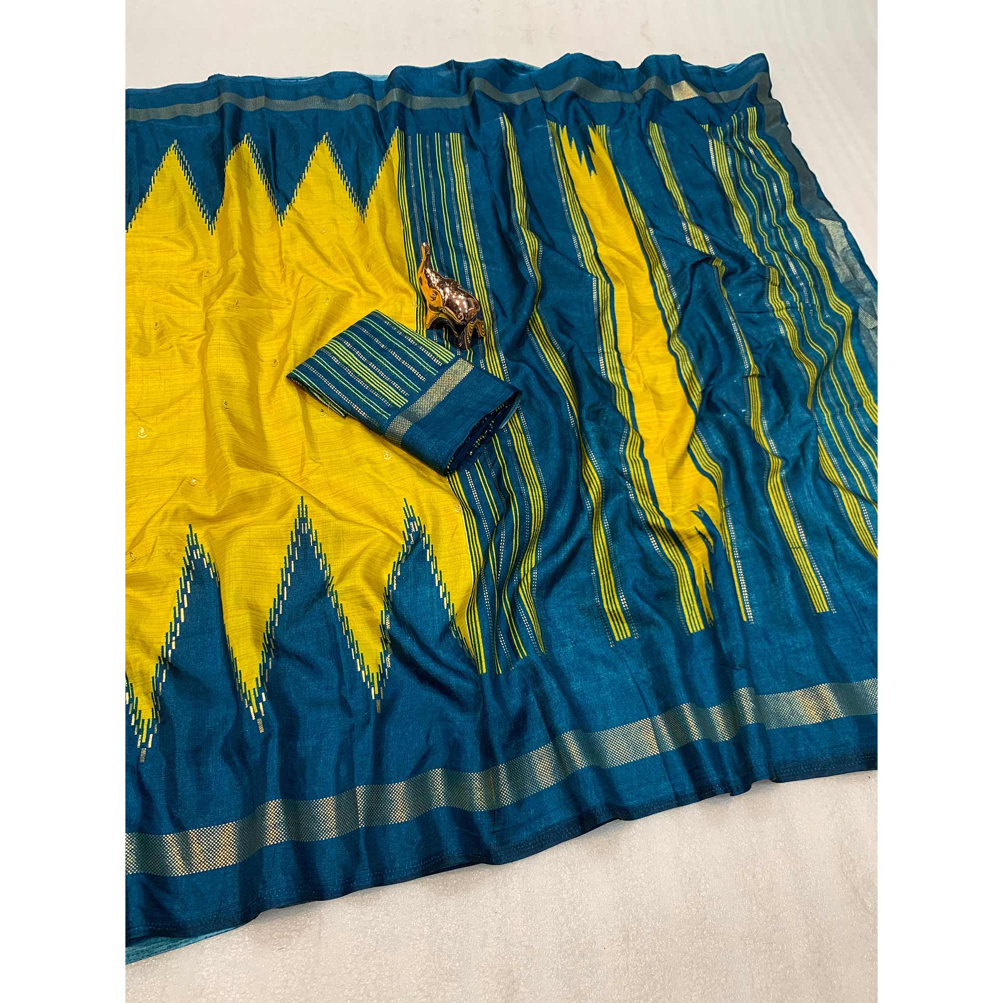 Subtle & Stylish Yellow Saree With Ikkat Prints In Luxe Dola Silk For Festive Wear