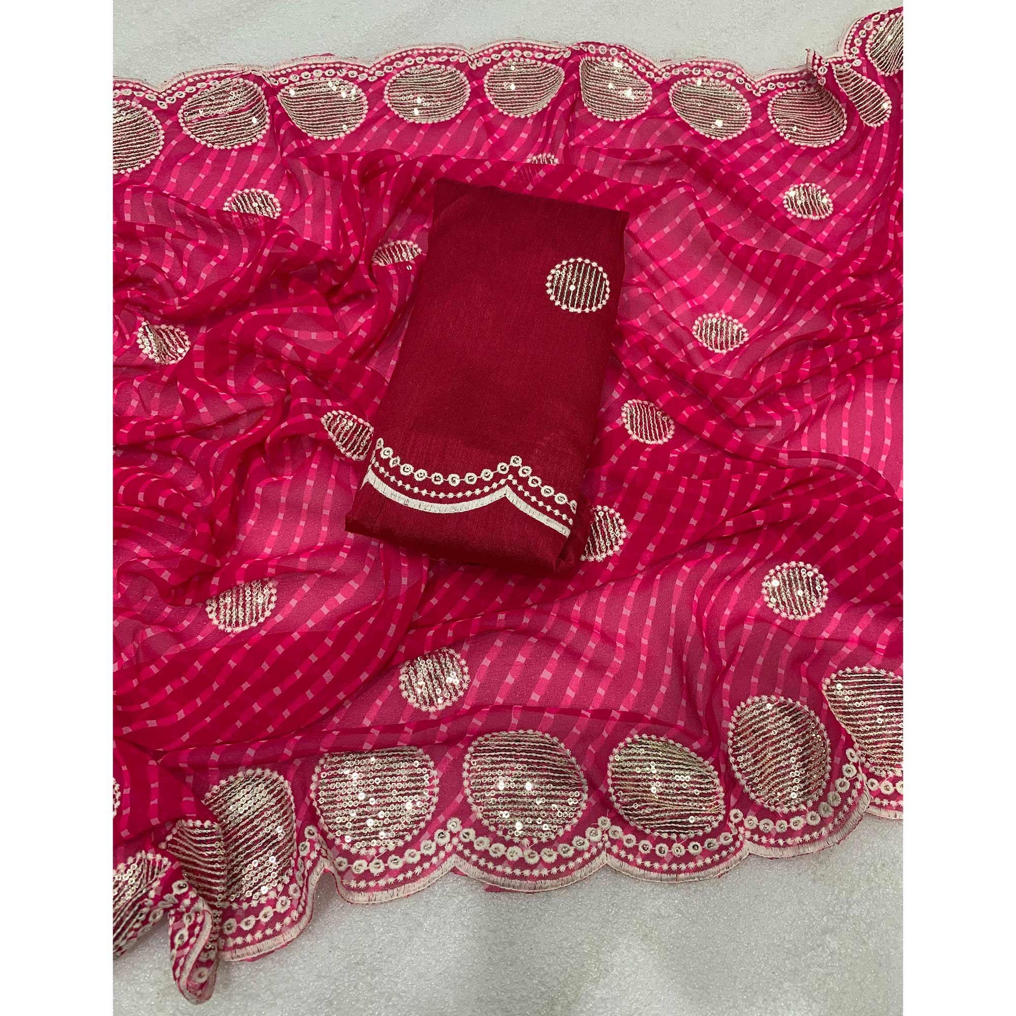 Pink Sequins Work Leheriya Printed Georgette Saree