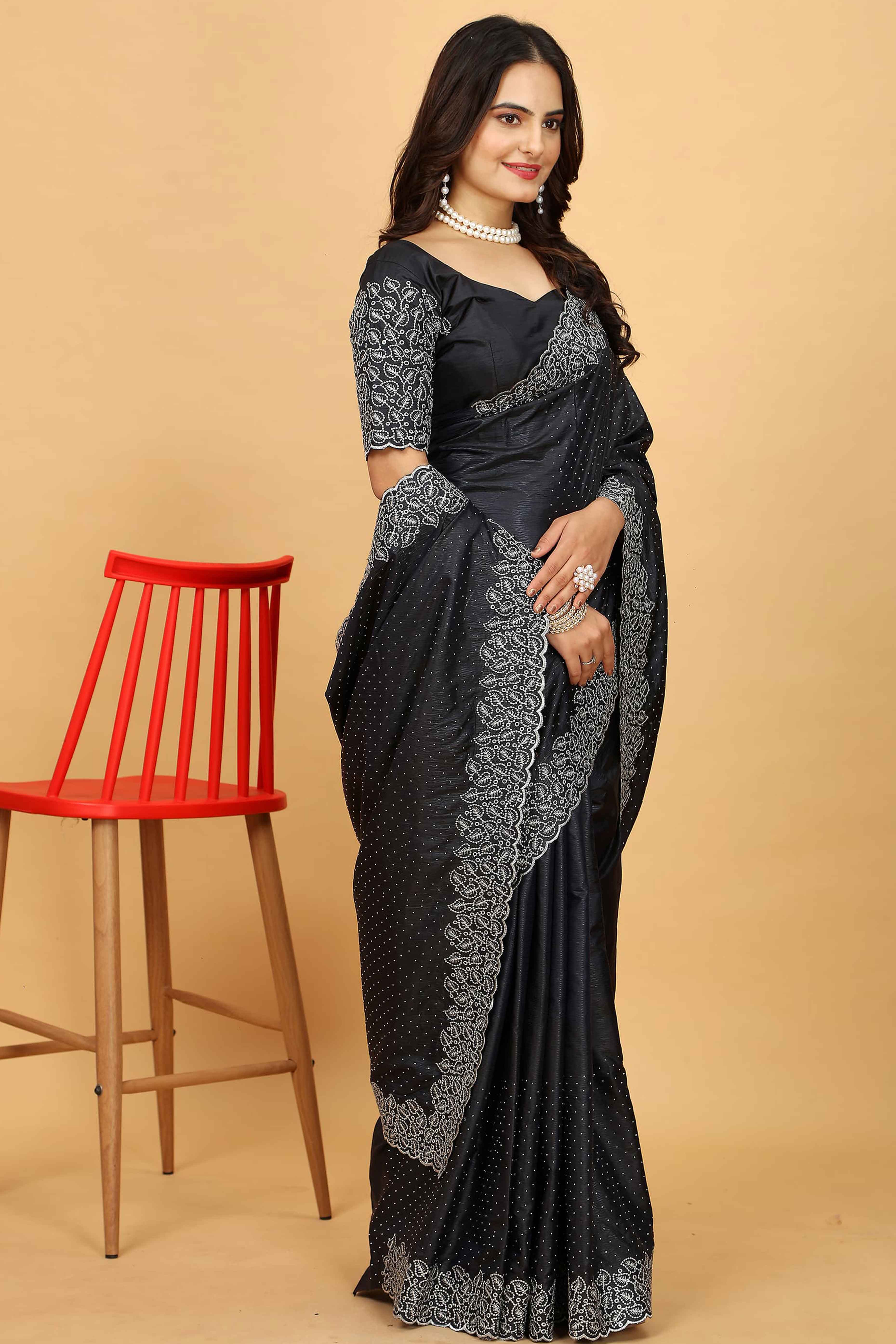 Black Swarovski Work Paper Silk Saree With Embroidery Zari Border