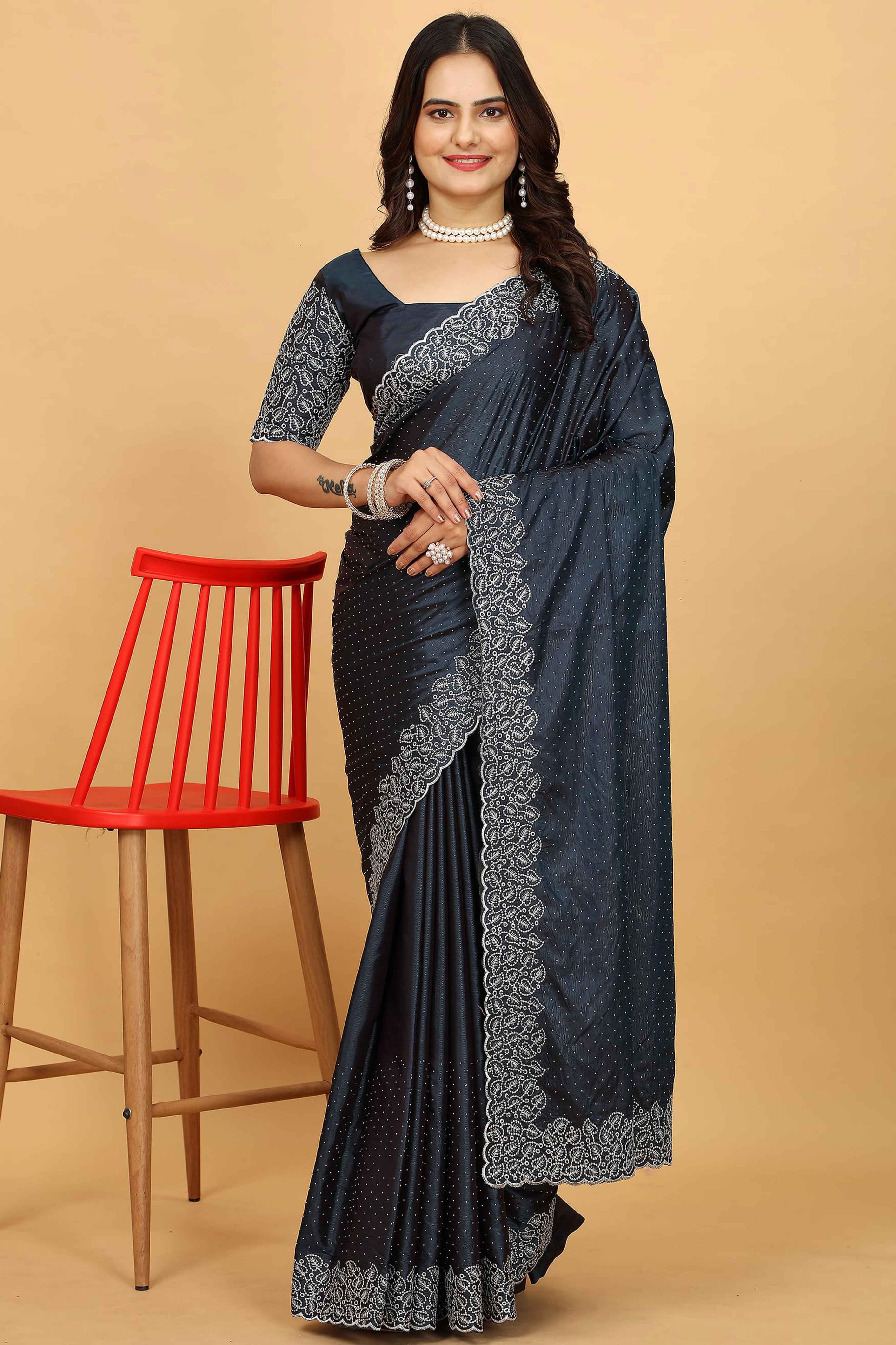 Dark Grey Swarovski Work Paper Silk Saree With Embroidery Zari Border