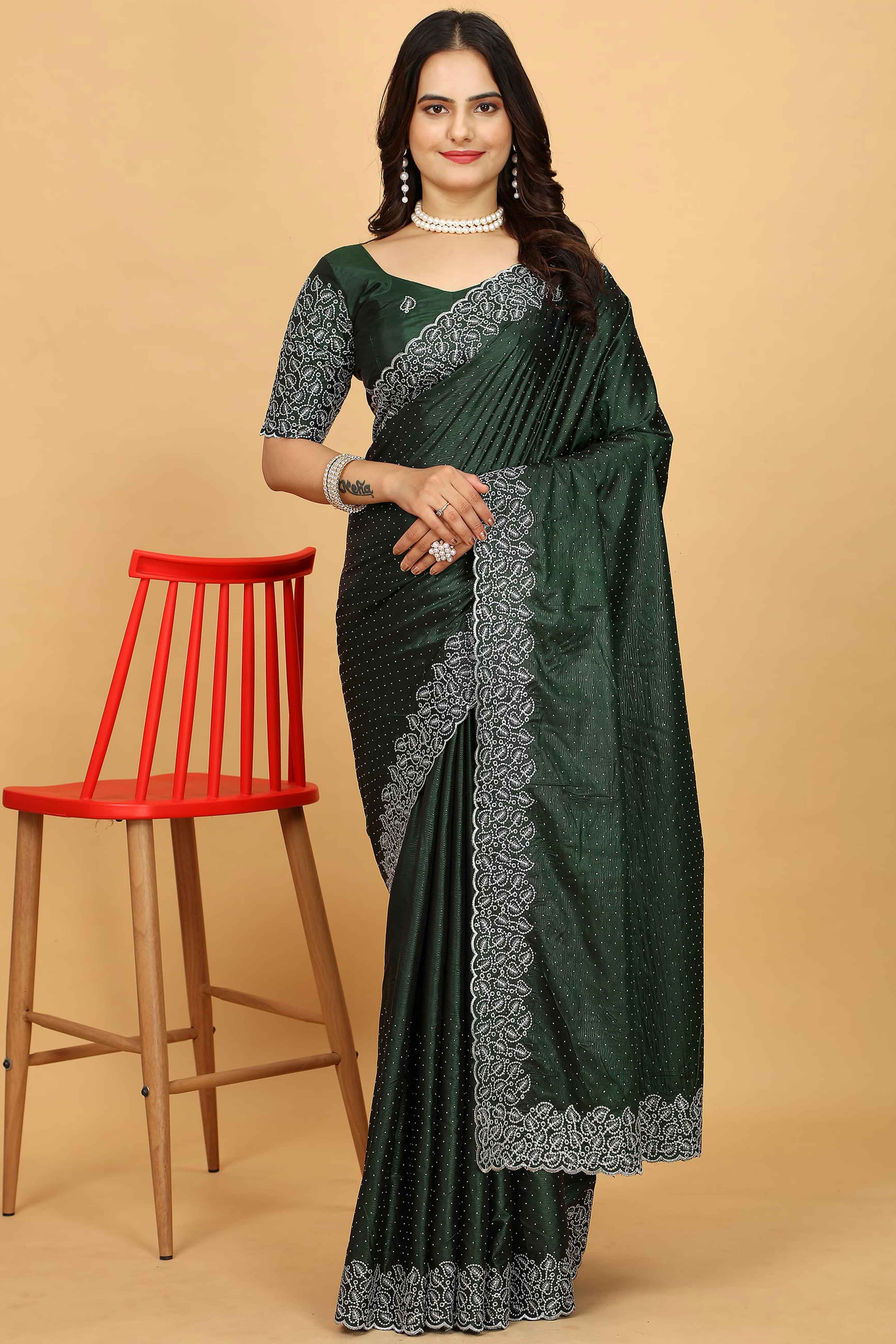 Green Swarovski Work Paper Silk Saree With Embroidery Zari Border